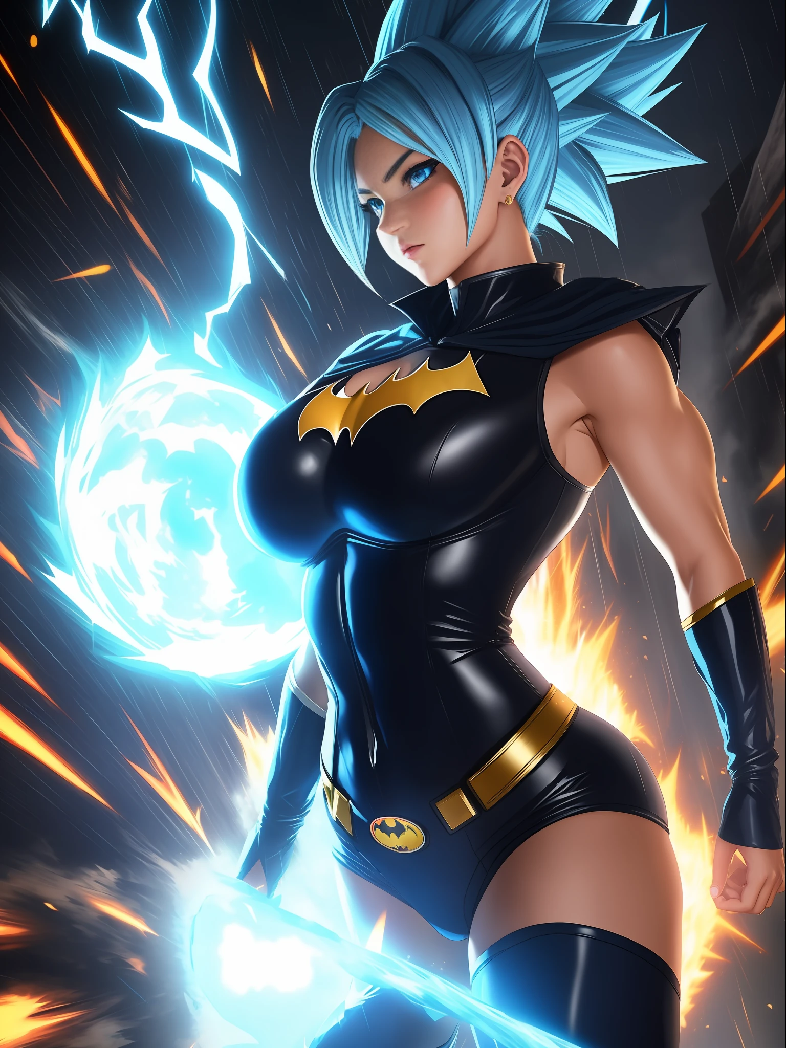 Full body image, ((1 girl in maid/Batman/Ultraman costume, huge breasts, strong musculature)), looking at viewer, furious, Super Saiyan 3 blue hair, blue eyes, Super Saiyan 3 look, body and fully wet clothes, background of destroyed city raining heavily,anime, ((Super Saiyan Ultra Instinct)), Dragon Ball, mortal kombat, masterpiece, (16k:1.6), (high details:1.6), (high quality:1.6 ), (maximum resolution: 1.6)