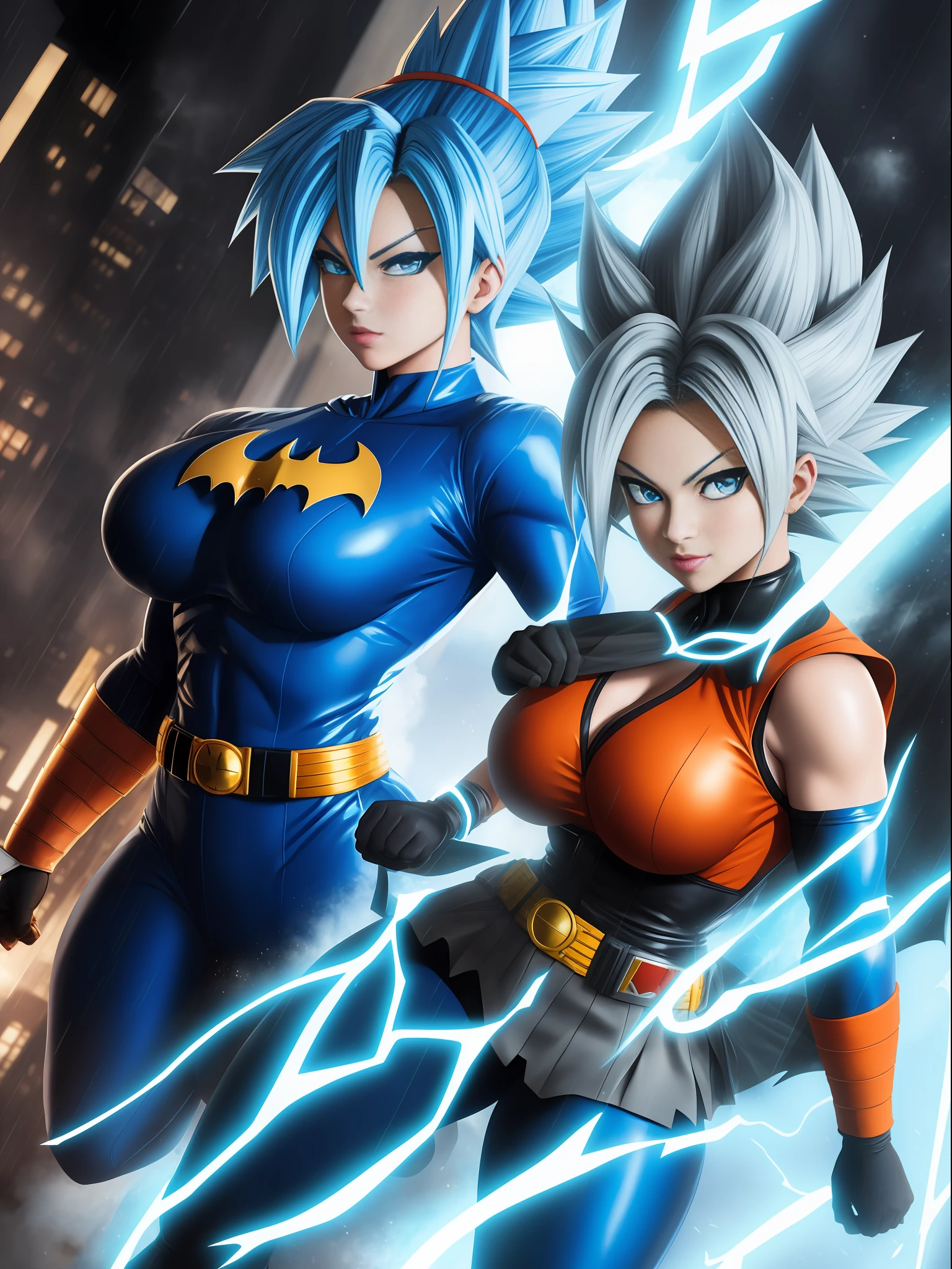 Full body image, ((1 girl in maid/Batman/Ultraman costume, huge breasts, strong musculature)), looking at viewer, furious, Super Saiyan 3 blue hair, blue eyes, Super Saiyan 3 look, body and fully wet clothes, background of destroyed city raining heavily,anime, ((Super Saiyan Ultra Instinct)), Dragon Ball, mortal kombat, masterpiece, (16k:1.6), (high details:1.6), (high quality:1.6 ), (maximum resolution: 1.6)