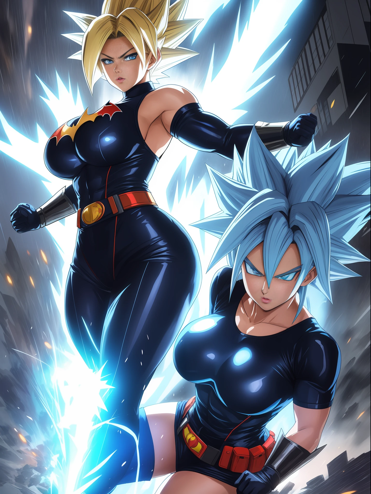 Full body image, ((1 girl in maid/Batman/Ultraman costume, huge breasts, strong musculature)), looking at viewer, furious, Super Saiyan 3 blue hair, blue eyes, Super Saiyan 3 look, body and fully wet clothes, background of destroyed city raining heavily,anime, ((Super Saiyan Ultra Instinct)), Dragon Ball, mortal kombat, masterpiece, (16k:1.6), (high details:1.6), (high quality:1.6 ), (maximum resolution: 1.6)