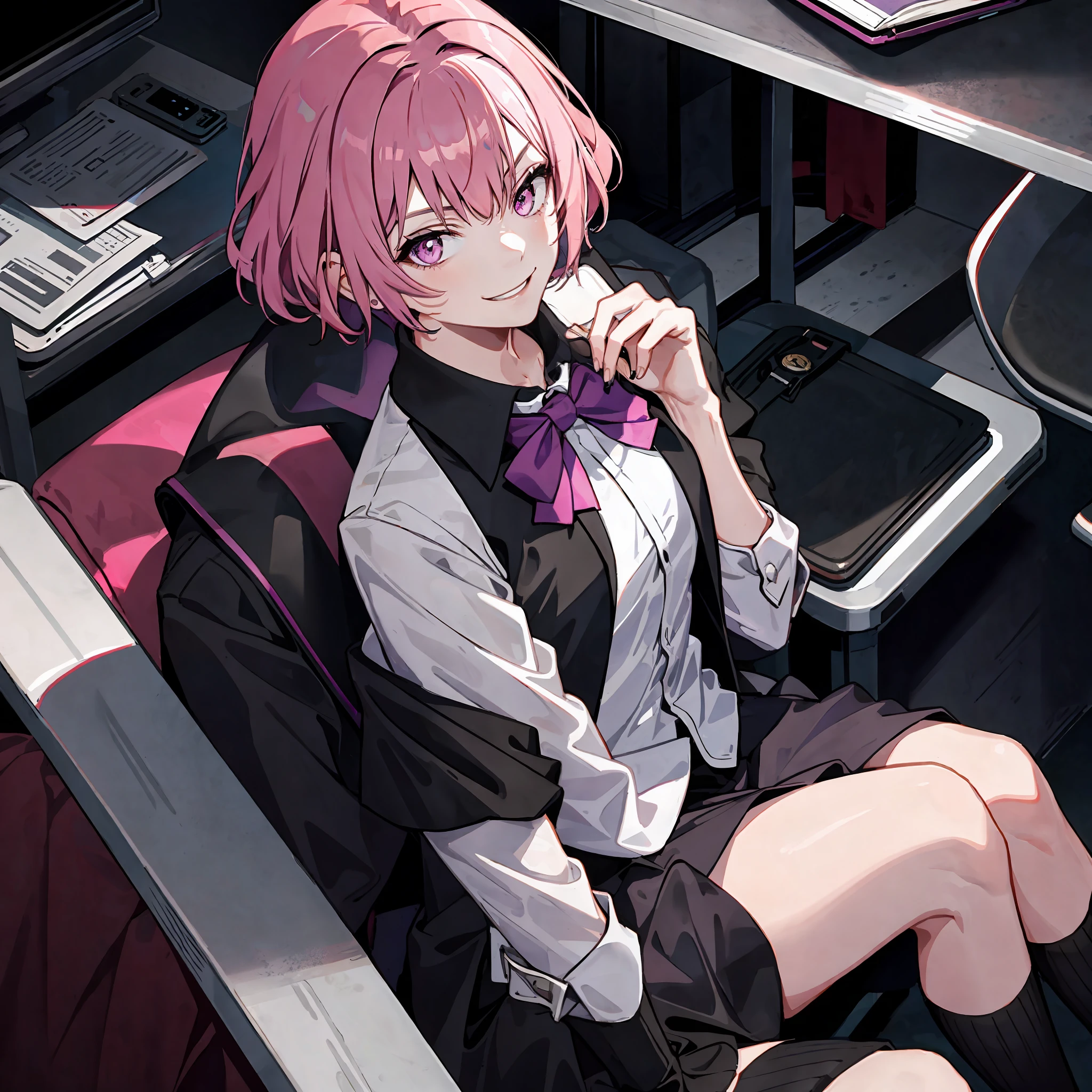1girl, psychopath smile, short pink hair, purple eyes, sit in class, black school modern uniform, anime