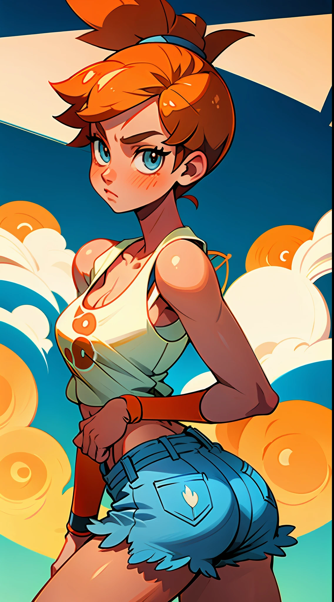 (best quality, masterpiece), 1girl, Misty from Pokémon, pokeball, fog, (cartoon: 1.5), thong, busty, cleavage, low-waisted jean shorts, tank top, straps over tank top, orange hair, dynamic pose, from the back, ass cheek, cameltoe