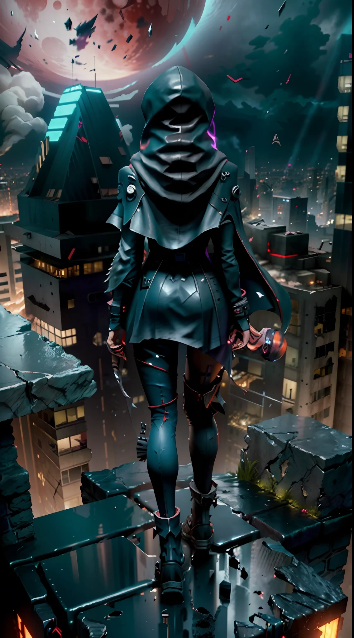 1girl,standing on a ledge overlooking a city at night, stylized urban fantasy art, hooded hooded Sith Lord, digital cyberpunk anime art, blood moon background, wearing hooded science fiction cape, digital cyberpunk - anime art, modern science fiction anime, dark cyberpunk illustration, anime cyberpunk art, hooded cyberpunk anime girl, during a blood moon,rendered in Unreal Engine, peeled ceilings, broken slabs, steel bars between cracks, realistic material details, extreme details, hyper-realistic materials, photos of internal ruins, Unreal Engine rendering concept art, broken walls, Unreal Engine art, dramatic lighting. Concept art, rendered in Unreal 5, ((Unreal Engine)), Unreal Engine Art 5