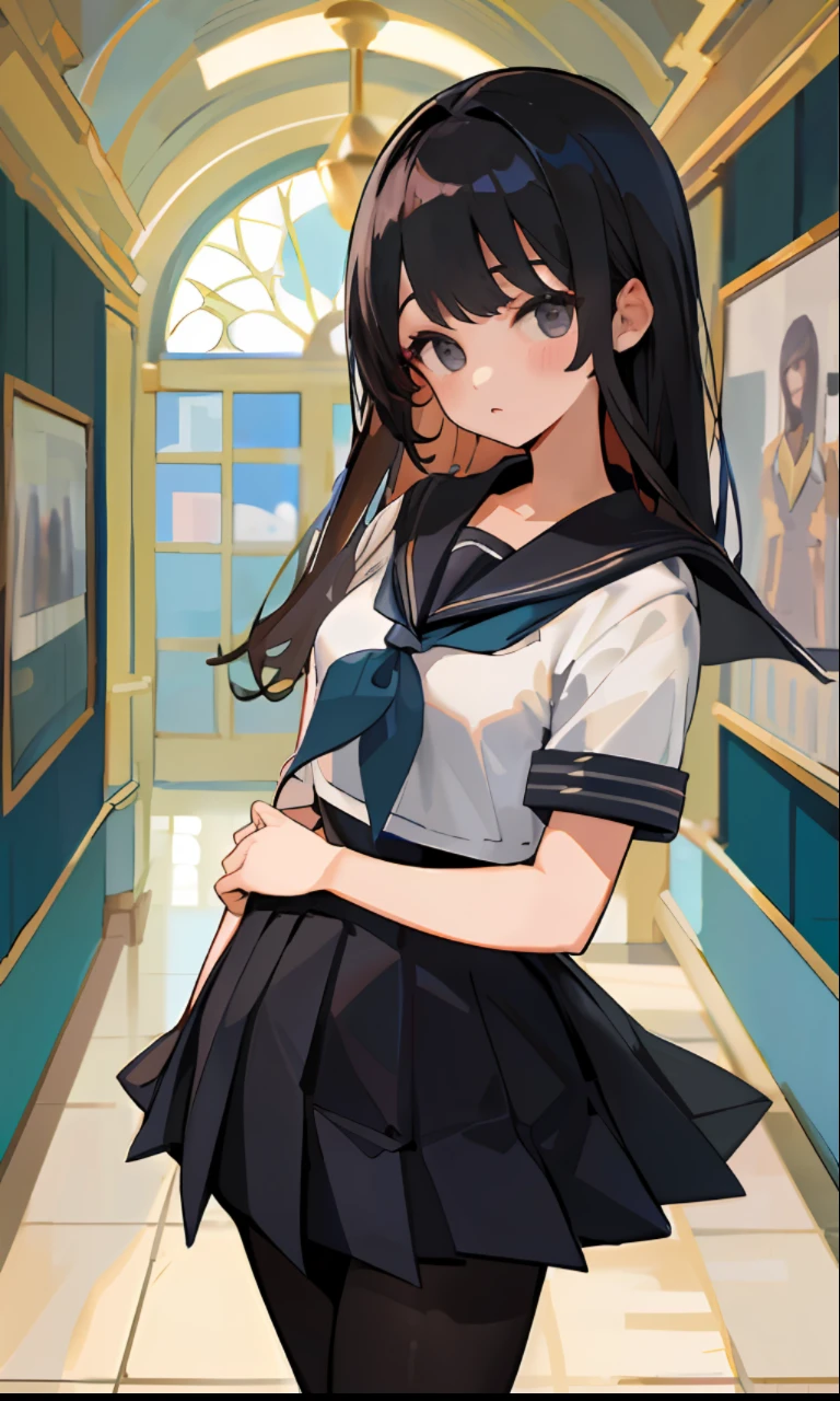 Girls, sailor suit, pleated skirt, school uniform, (((high details), ((high quality)), highres, masterpiece, black pantyhose, 20D,full body,