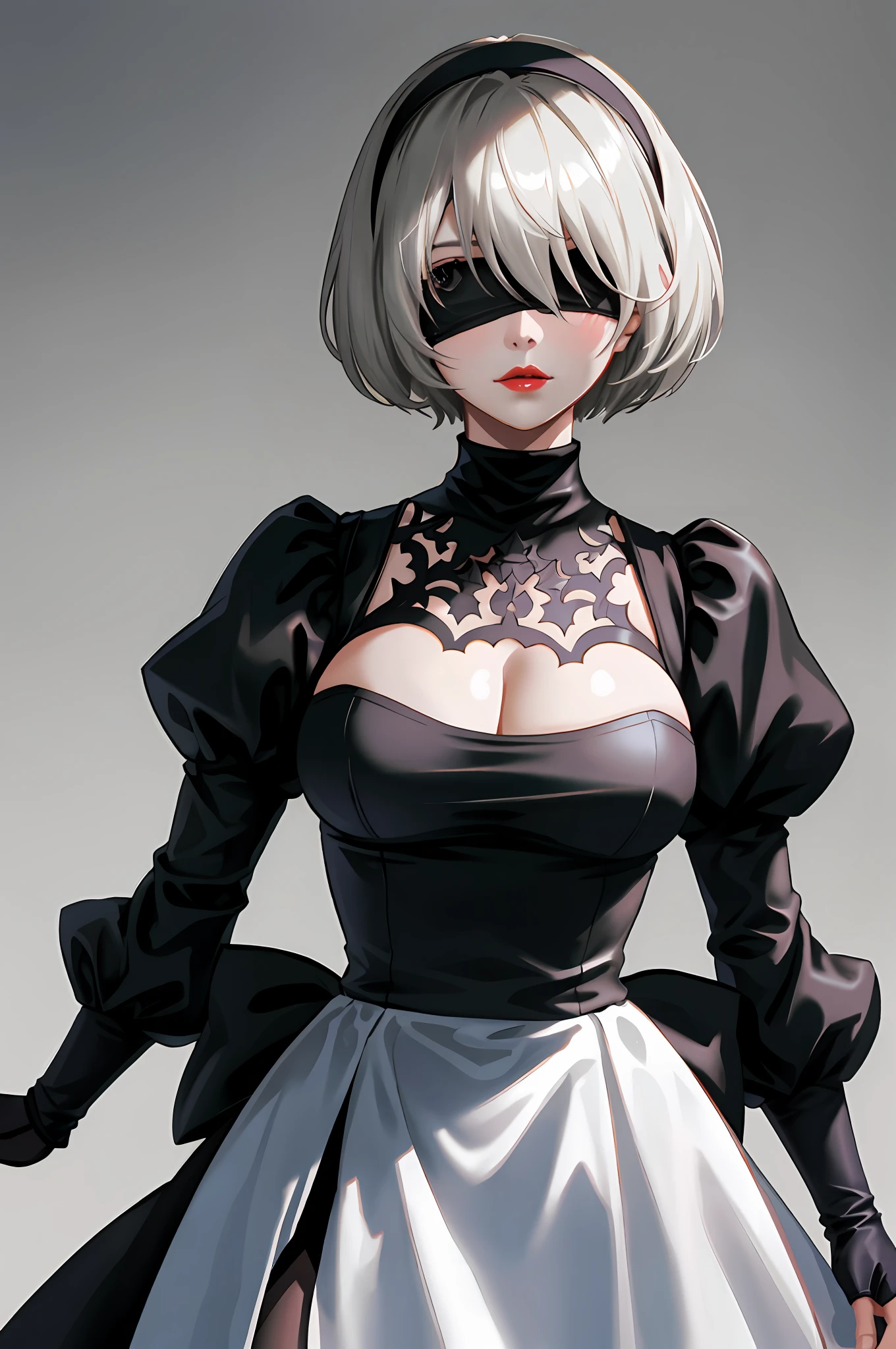 Yorha2b, masterpiece, (photorealistic: 1.4), top quality, beautiful lighting, 1 girl, mother, (blindfolded)), breasts, cleavage, hair band, hi-res, juliet sleeves, long sleeves, nier automata, red lips (puffy sleeves), shading face, short hair, solo, turtleneck, upper body, gray hair, Sky RAW Photography, 8K UHD, Film Grain