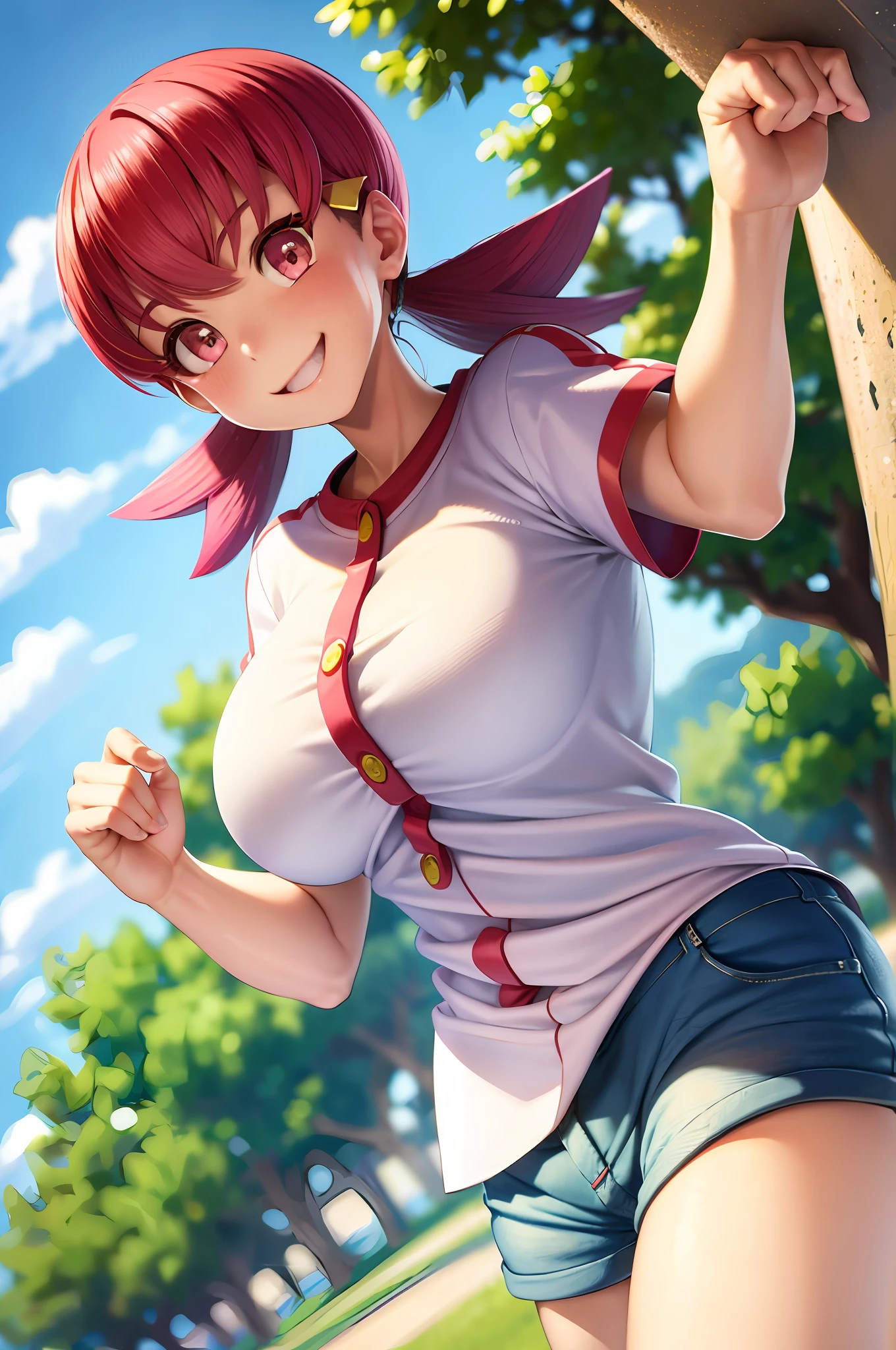 (masterpiece, best quality:1.2), 1girl, solo, whitney, pokemon, pink hair, twin tails, pink eyes, smile, huge breasts, shirt, shorts, smile, showing,