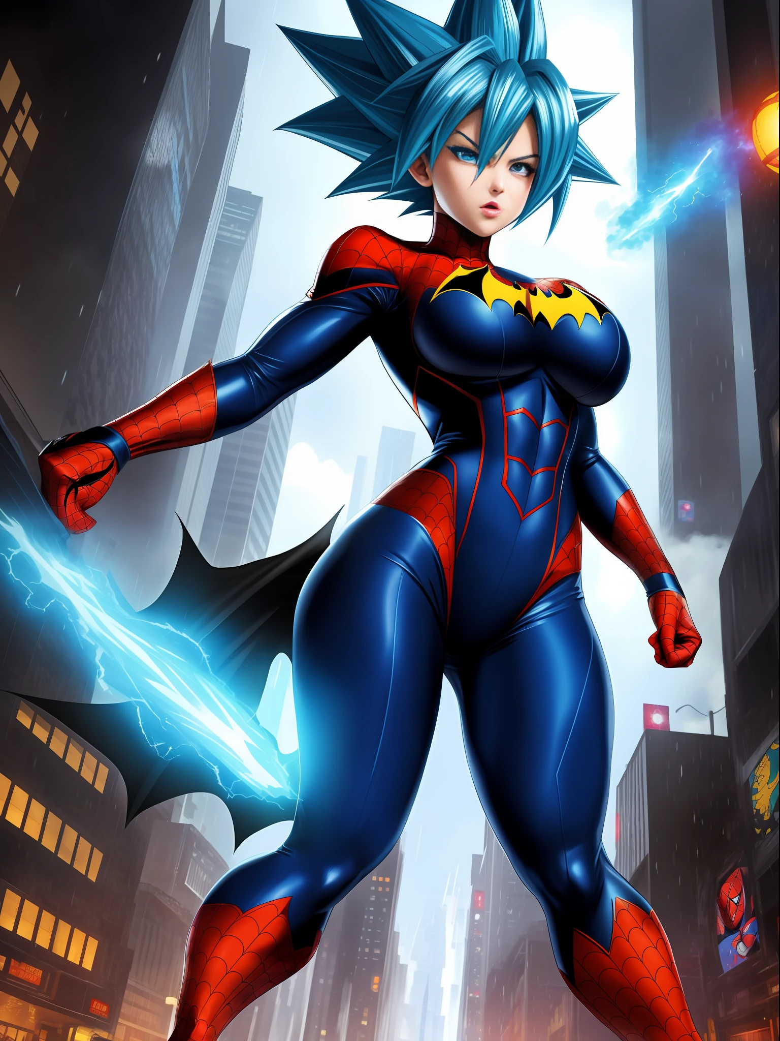 Full body image, ((1 girl in maid/Batman/Spiderman costume, huge breasts, strong musculature)), front, looking at viewer, furious, Super Saiyan 3 blue hair, blue eyes, ((appearance from Super Saiyan 3)), body and clothes totally wet, background of destroyed city raining heavily,anime, ((Super Saiyan Ultra Instinct)), Dragon Ball, mortal kombat, masterpiece, (16k:1.6), (high details: 1.6), (high quality:1.6), (maximum resolution:1.6)