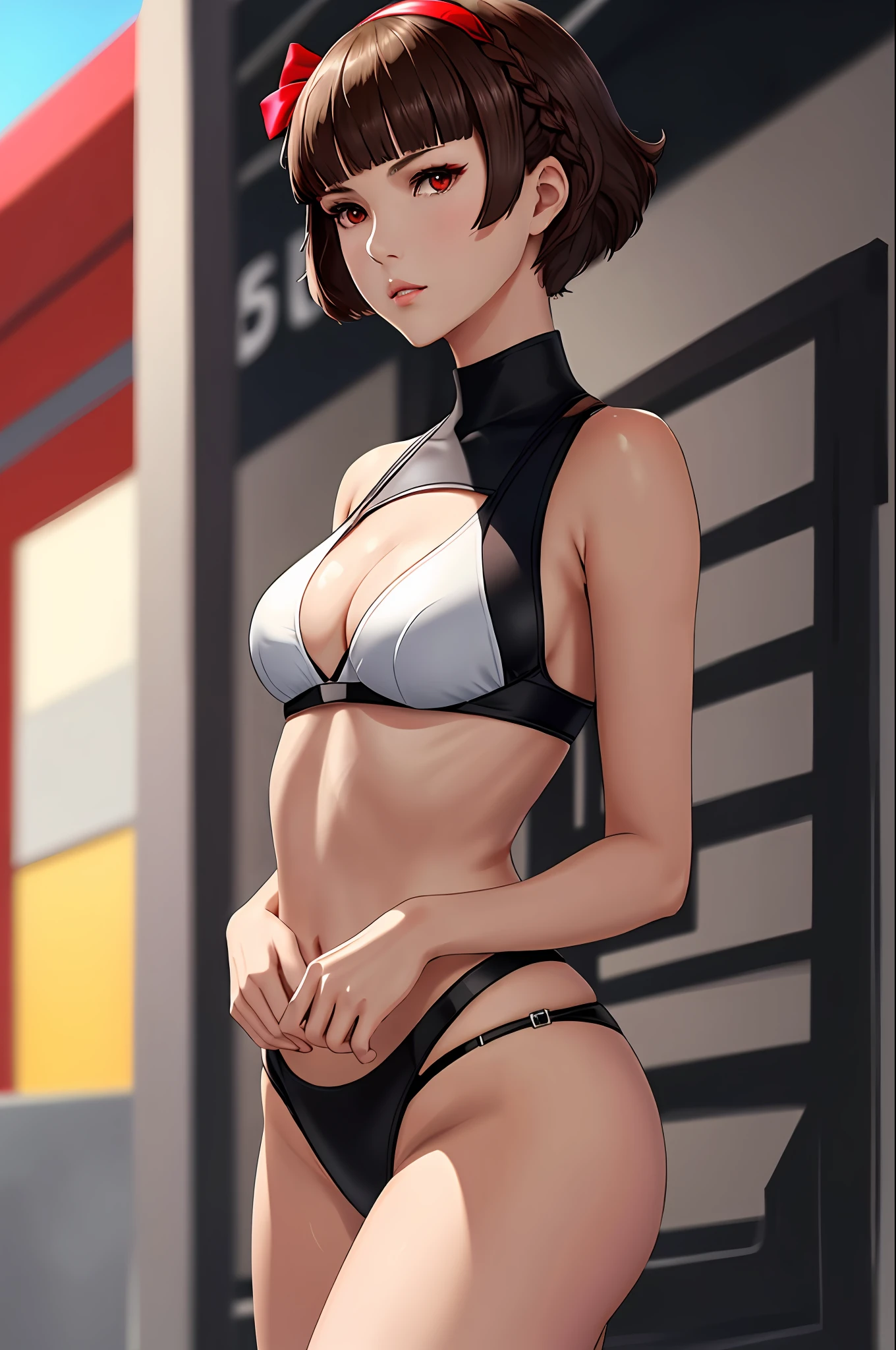 Solo, Makoto_Niijima (da persona 5, 1female, white skin, Japanese, red eyes, short brown hair, braid like a hairbow on top of hair, small ) wearing a sexy ice officer outfit, police job at the city. (finely detailed), anime, best shadows, depth of field, (masterpiece), (best quality), 4K, high detail, anatomically correct