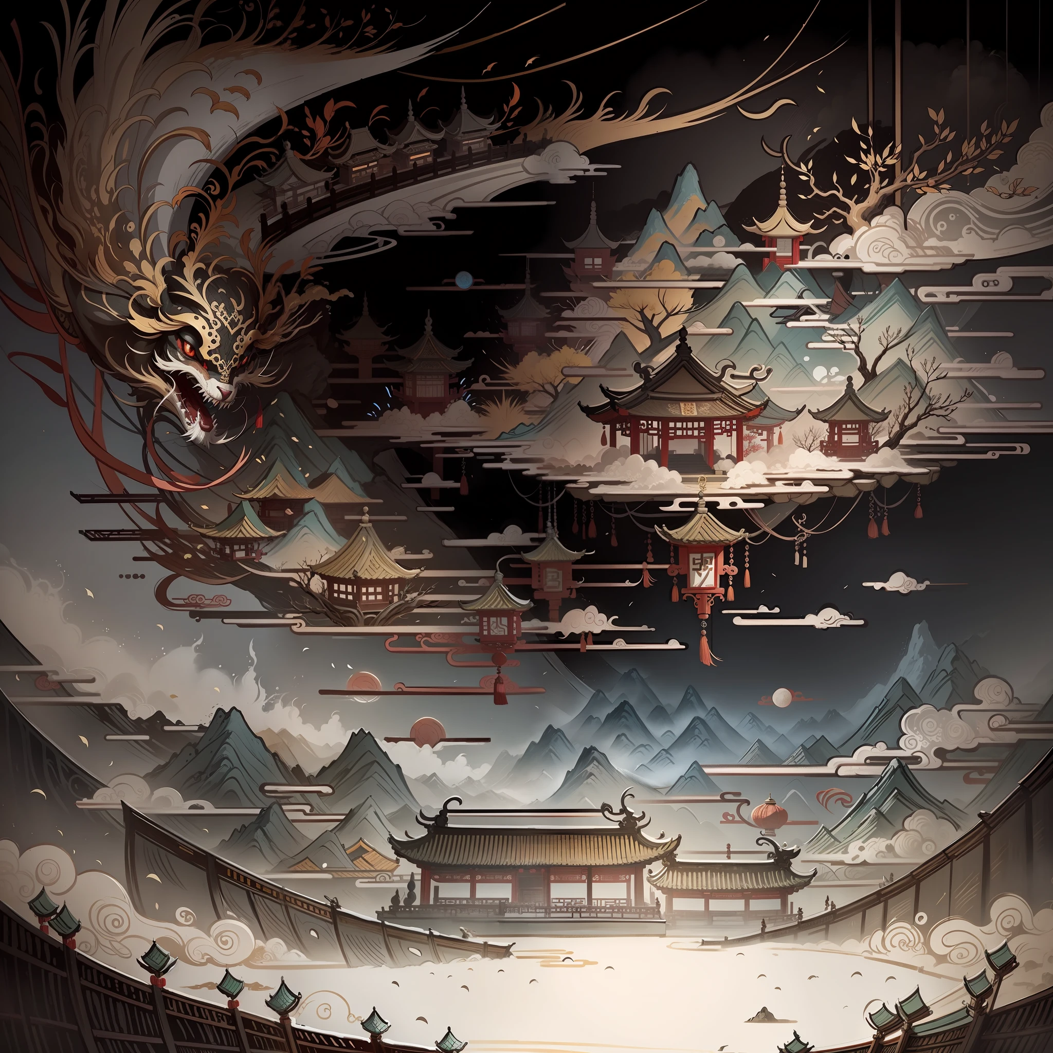 An ancient Chinese painting, ancient Chinese background, mountains, rivers, auspicious clouds, pavilions, sunshine, masterpieces, super detail, epic composition, ultra HD, high quality, extremely detailed, official art, unified 8k wallpaper, Super detail, 32k -- v 6