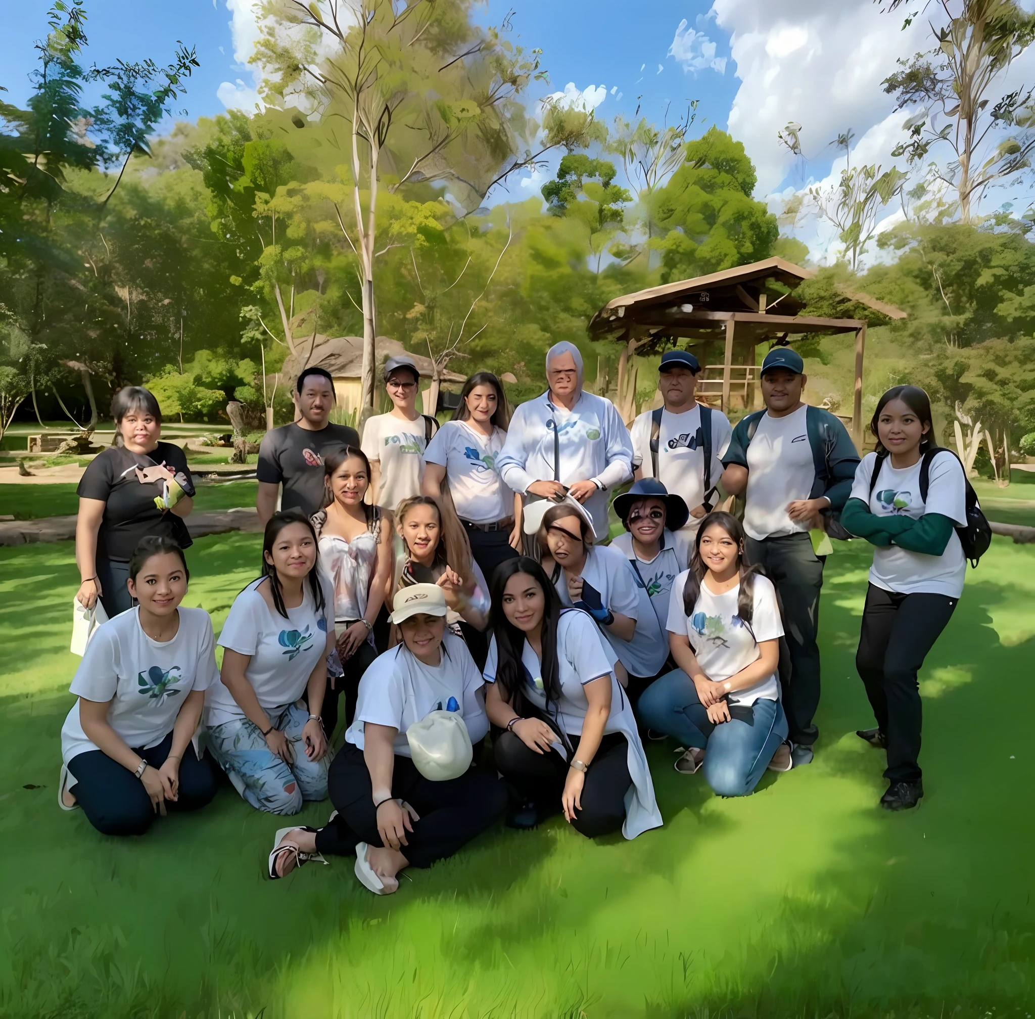 a group of people posing for a photo on a green field, group photo, beautiful surroundings, photo taken in 2 0 2 0, with many travelers, foto, beautiful environment, avatar image, outdoor, # e 4 e 6 2 0, having a great time, high-quality photo, description, center of picture, in a jungle environment, sandra, 8k))