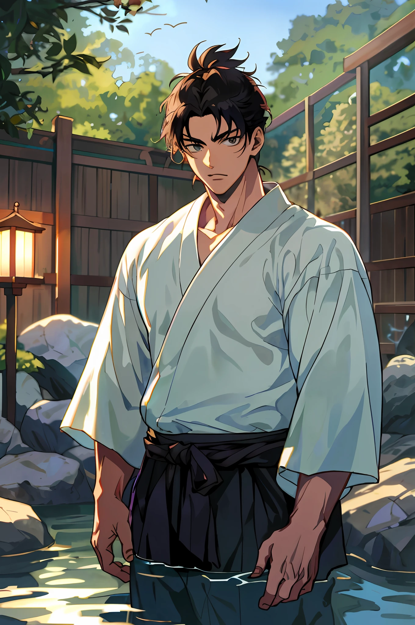 anime man in white shirt standing in water with a bird flying overhead, handsome guy in demon slayer art, anime handsome man, inspired by Fujishima Takeji, anime portrait of a handsome man, kentaro miura art style, shikanosuke yagaki, hijikata toushirou, taisho roman, kentaro miura art, miyamoto musashi