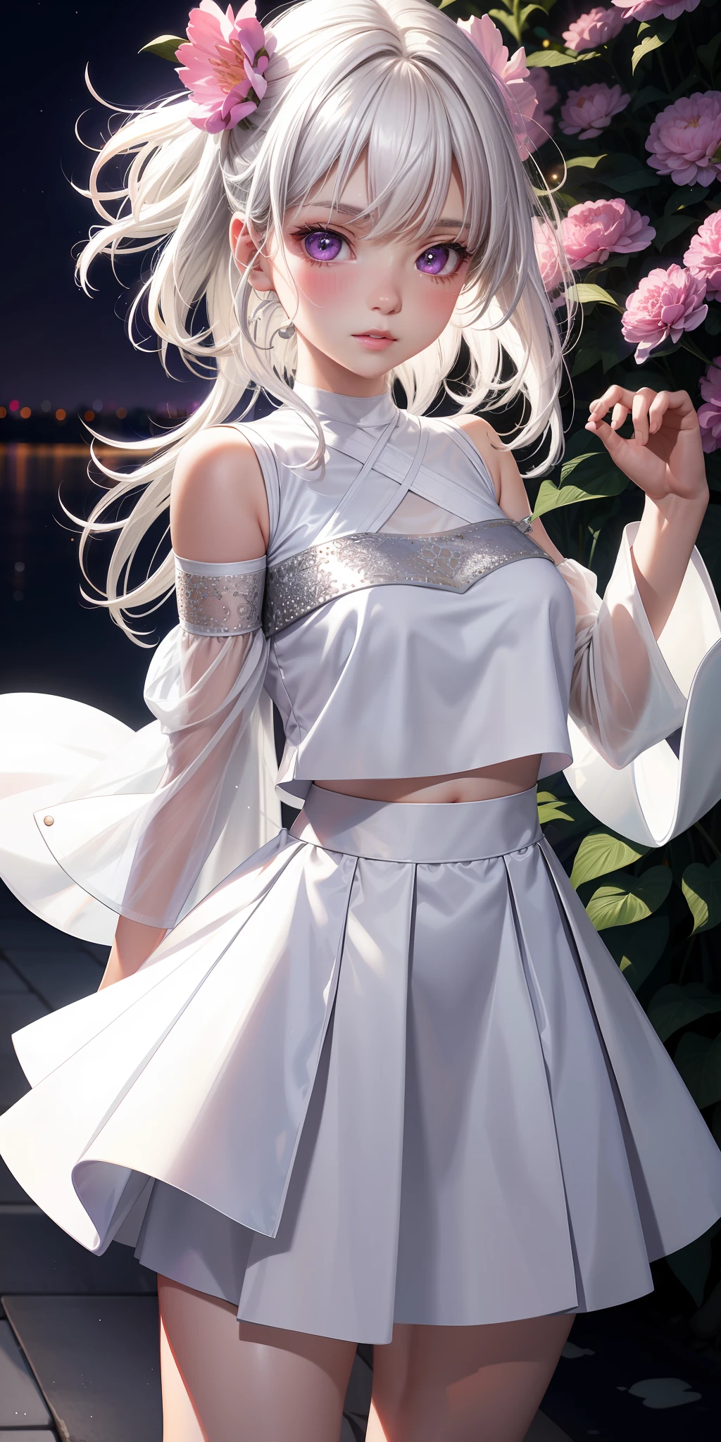 Realistic, 1girl, white hair, purple eyes, glowing eyes, cropped top, skirt, parted lips, blush, night, flowers, sun, sunlight, white skirt, short skirt, medium length hair, real, warm colors, white short Dress, white clothes, light background color, day environment, bright color background, saudi, ocean, cute,