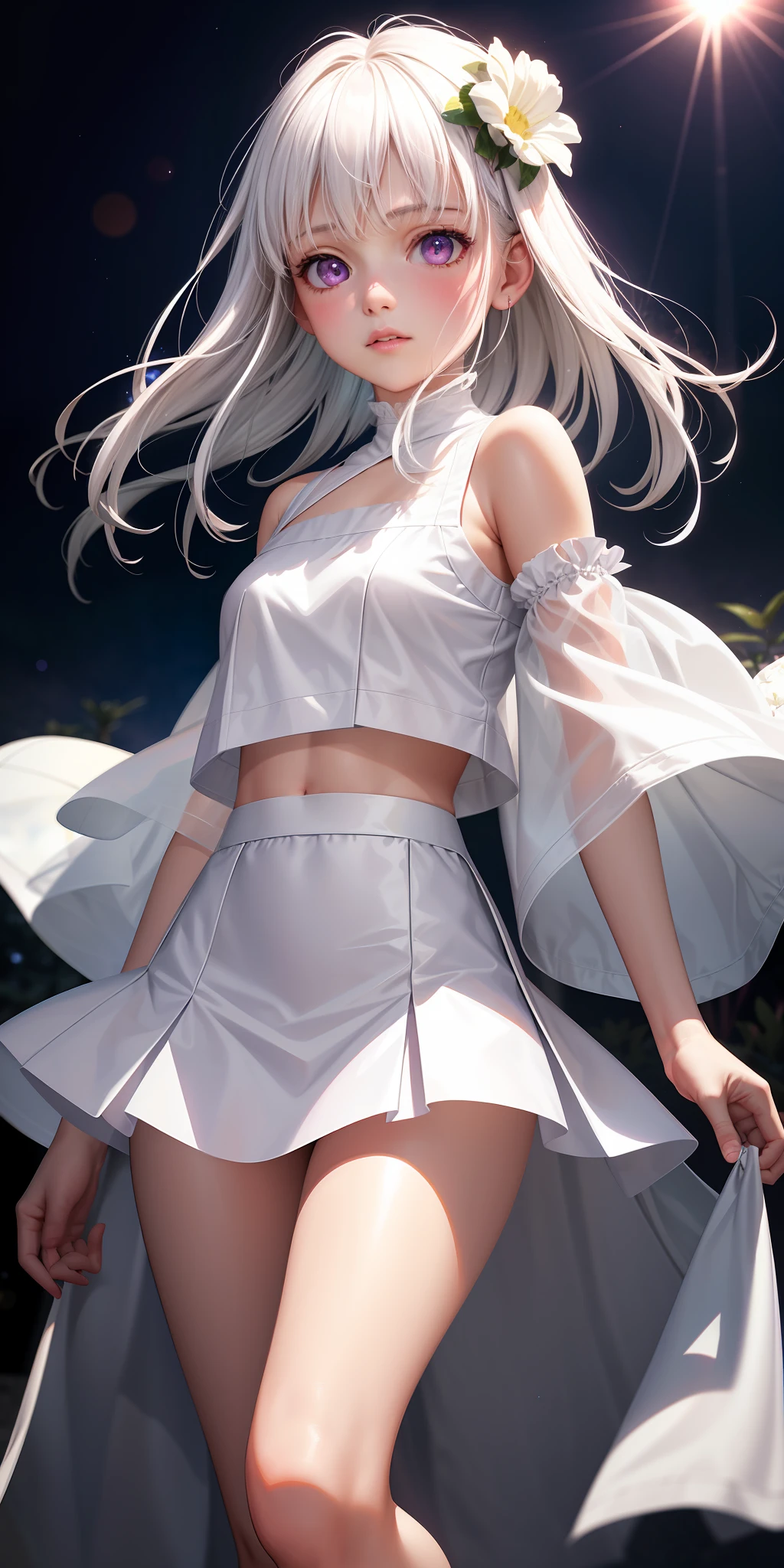 Realistic, 1girl, white hair, purple eyes, glowing eyes, cropped top, skirt, parted lips, blush, night, flowers, sun, sunlight, white skirt, short skirt, medium length hair, real, warm colors, white short Dress, white clothes, light background color, day environment, bright color background, saudi, ocean, cute,