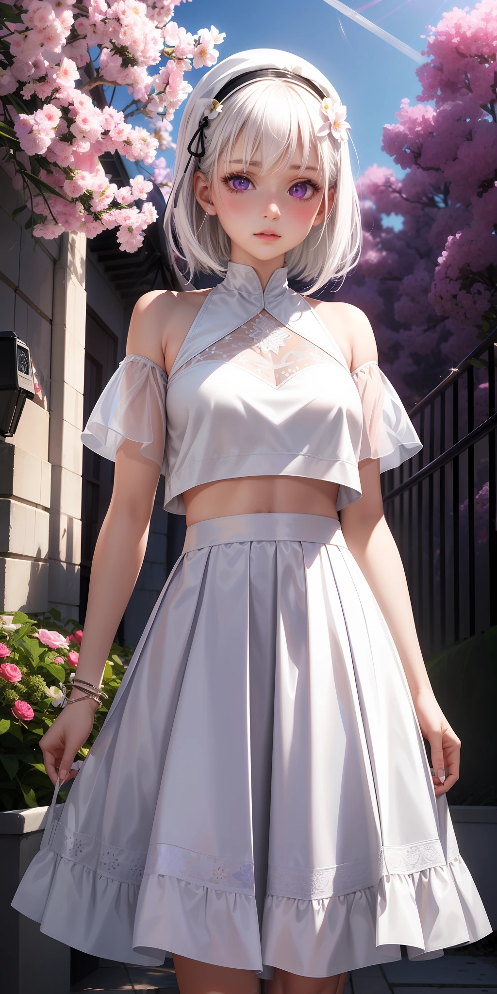 Realistic, 1girl, white hair, purple eyes, glowing eyes, cropped top, skirt, parted lips, blush, night, flowers, sun, sunlight, white skirt, short skirt, medium length hair, real, warm colors, white short Dress, white clothes, light background color, day environment, bright color background, saudi, ocean, cute,
