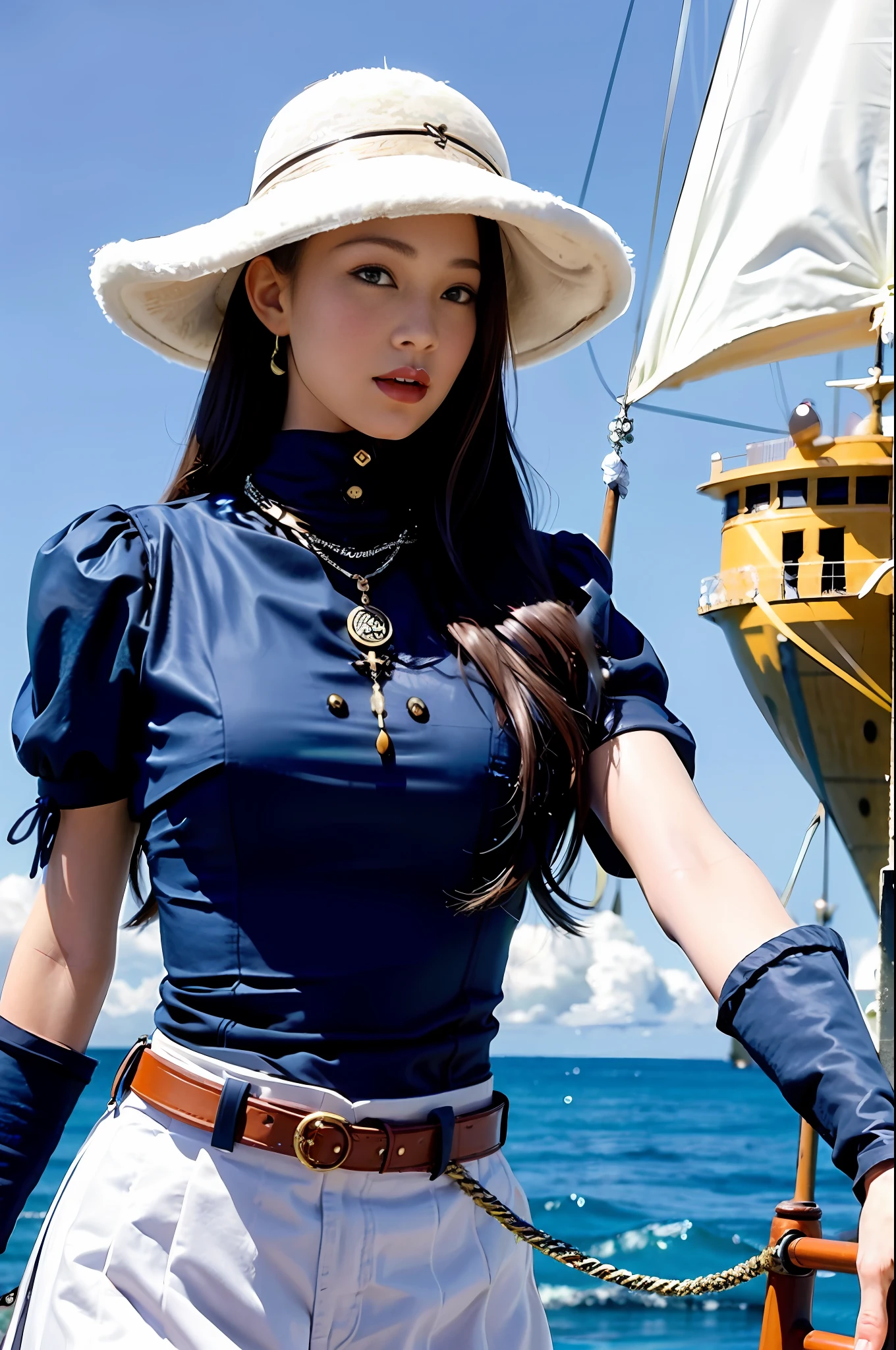 female cat furry, fantasy medieval pirate, saber in a hand, bandana, pirate hat, cocked hat, on a ship, sails, ocean and sky on background, only character, correct female anatomy, beautiful woman anthro, cat head, furry art by greg rutkowski, digital art by artgerm, detailed art, masterpiece, digital painting, correct ???????