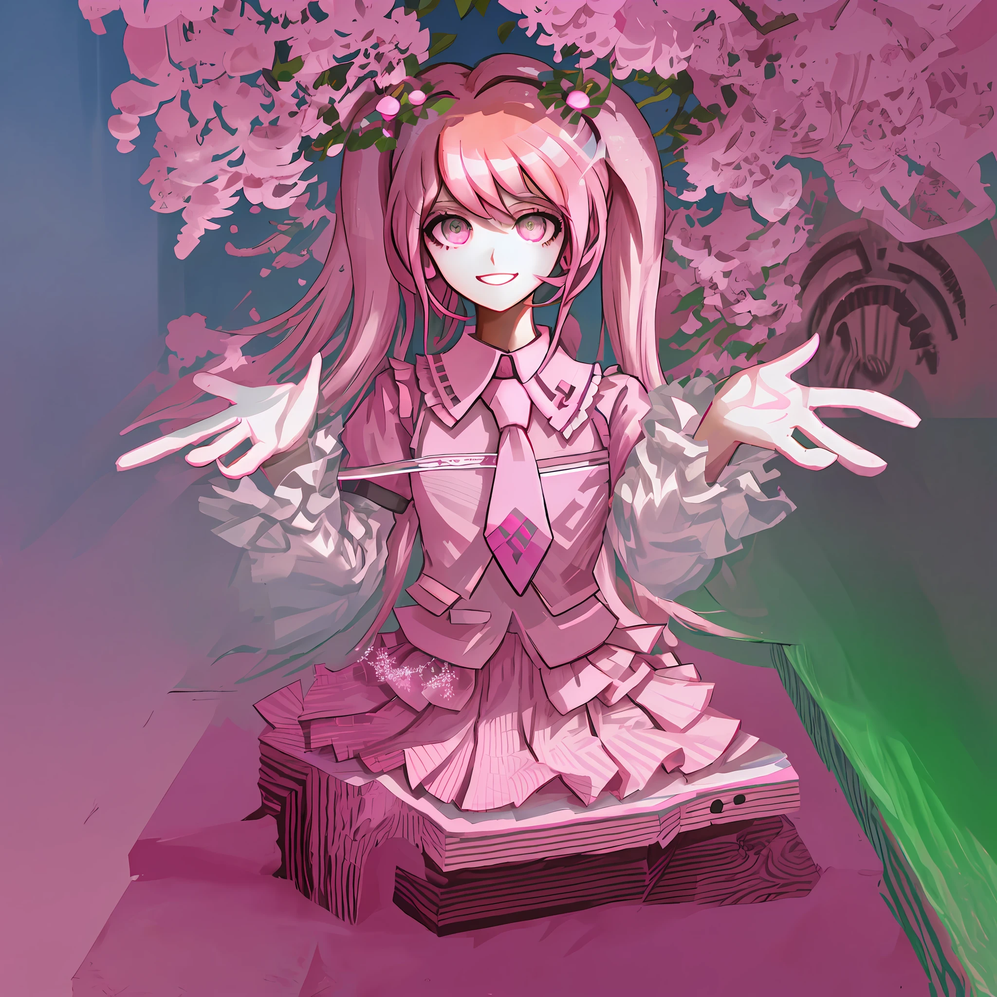 sakura miku, hatsune miku , pink hair , highly detailed , high quality , vibrant colors , smiling , masterpiece , pink twintails , white shirt , pink tie , pink skirt