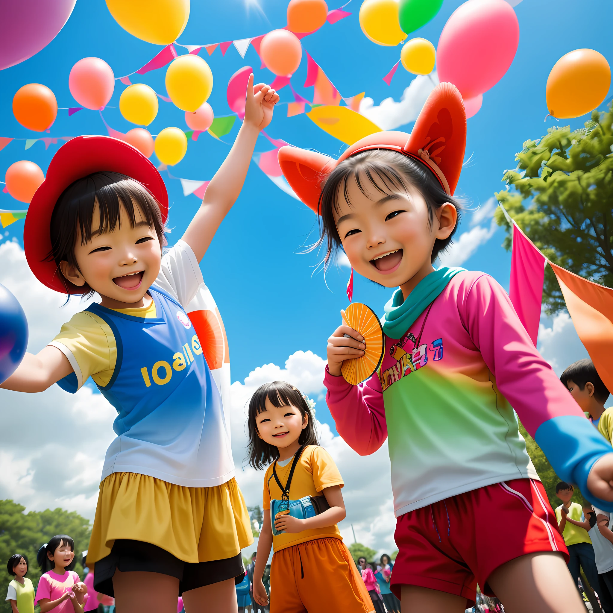 Capture a vibrant and joyous scene of Children's Day celebration. The content should be filled with happy, laughing children engaged in various fun activities like games, face painting, and balloon art. The setting is an outdoor park, decorated with colorful banners and streamers. The medium should be photorealistic, with a style reminiscent of candid, documentary-style photography. The lighting should be bright and natural, with the warm afternoon sun casting long, playful shadows. The colors should be vivid and saturated, reflecting the cheerful atmosphere of the day. The composition should be taken with a Nikon D850 DSLR camera, using a 24-70mm f/2.8 lens. The shot should be a wide-angle view, capturing the breadth of the celebration, with children in the foreground and the park stretching out in the background. The image should be highly detailed and high-resolution 16k, with a 16:9 aspect ratio, version 5.1, raw style, quality 2, and size 750. --q 2 --s 750 --v 5.1