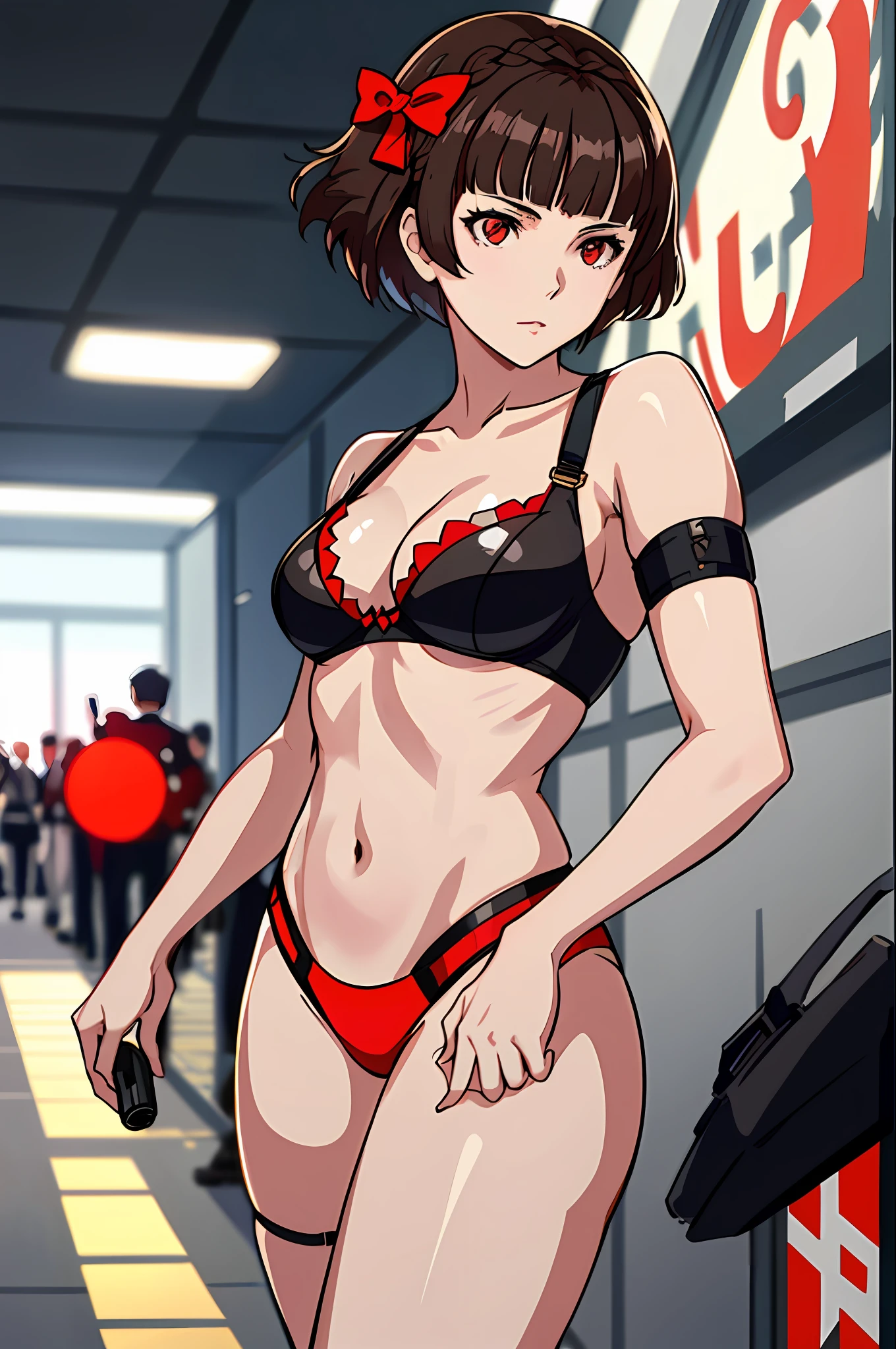 Solo, Makoto_Niijima (da persona 5, 1female, white skin, Japanese, red eyes, short brown hair, braid like a hairbow on top of hair, small boobs) wearing a sexy police officer outfit, police job at the city. (finely detailed), anime, best shadows, depth of field, (masterpiece), (best quality), 4K, high detail, anatomically correct