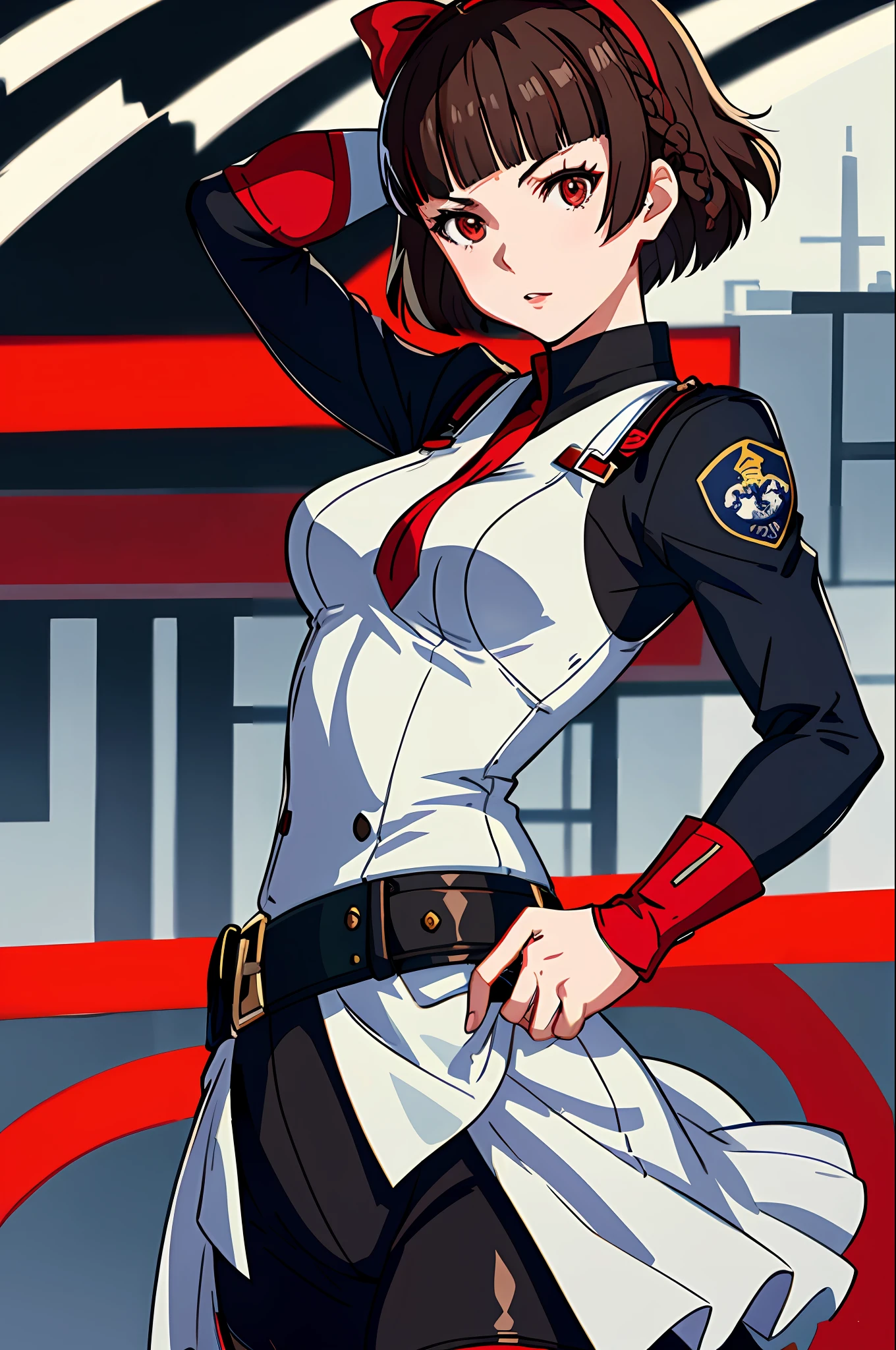 Solo, Makoto_Niijima (da persona 5, 1female, white skin, Japanese, red eyes, short brown hair, braid like a hairbow on top of hair, small boobs) wearing a sexy police officer outfit, police job at the city. (finely detailed), anime, best shadows, depth of field, (masterpiece), (best quality), 4K, high detail, anatomically correct