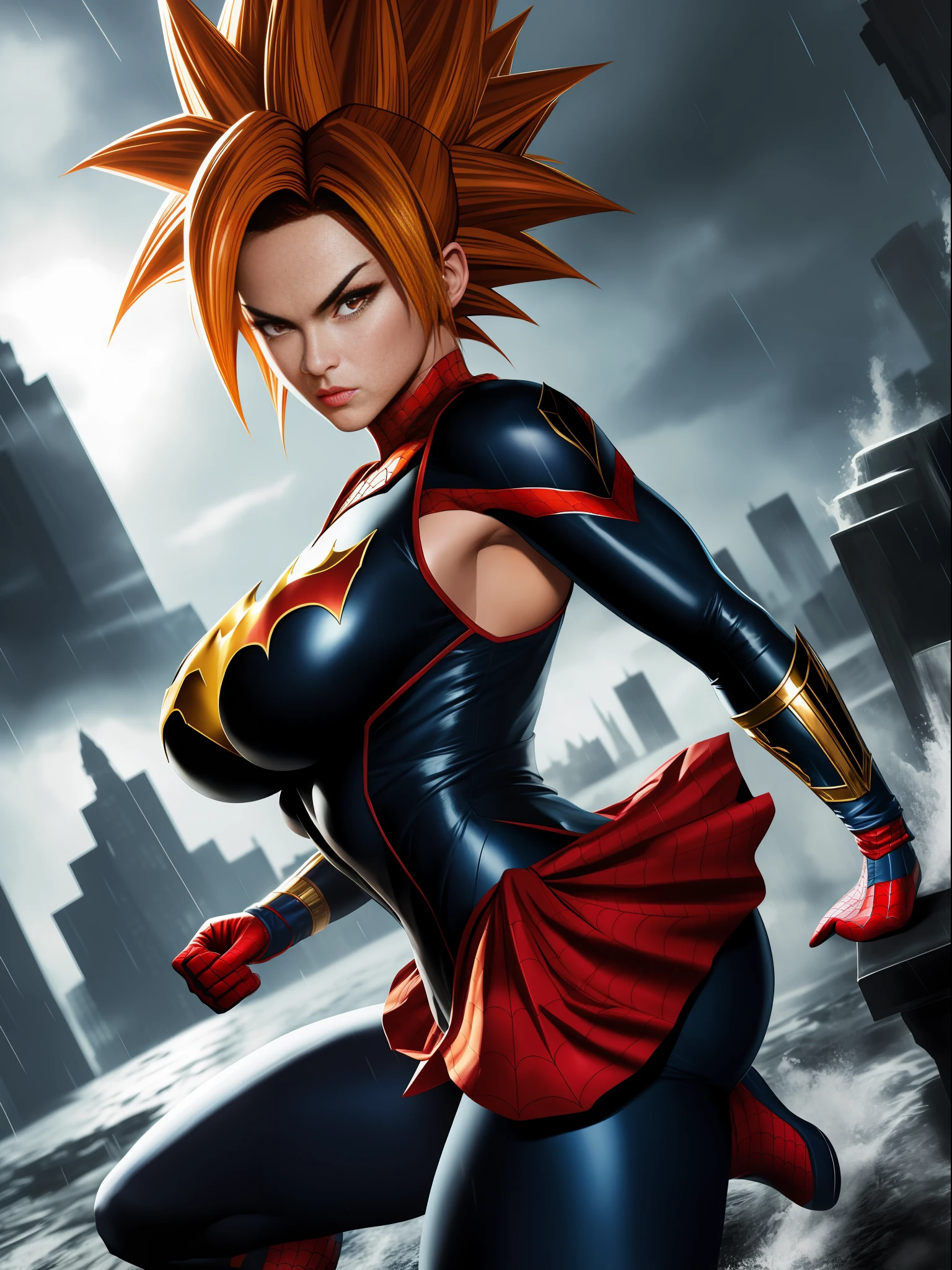 Full body image, ((1 girl in maid/Batman/Spiderman costume, huge breasts, strong musculature)), front, looking at viewer, furious, Super Saiyan 2 Red hair, red eyes, ((appearance from Super Saiyan 2)), body and clothes completely wet, background of city destroyed with heavy rain and flooding, anime, ((Super Saiyan Ultra Instinct)), Dragon Ball, mortal kombat, masterpiece, (16k:1.6), (high details:1.6), (high quality:1.6), (maximum resolution:1.6)