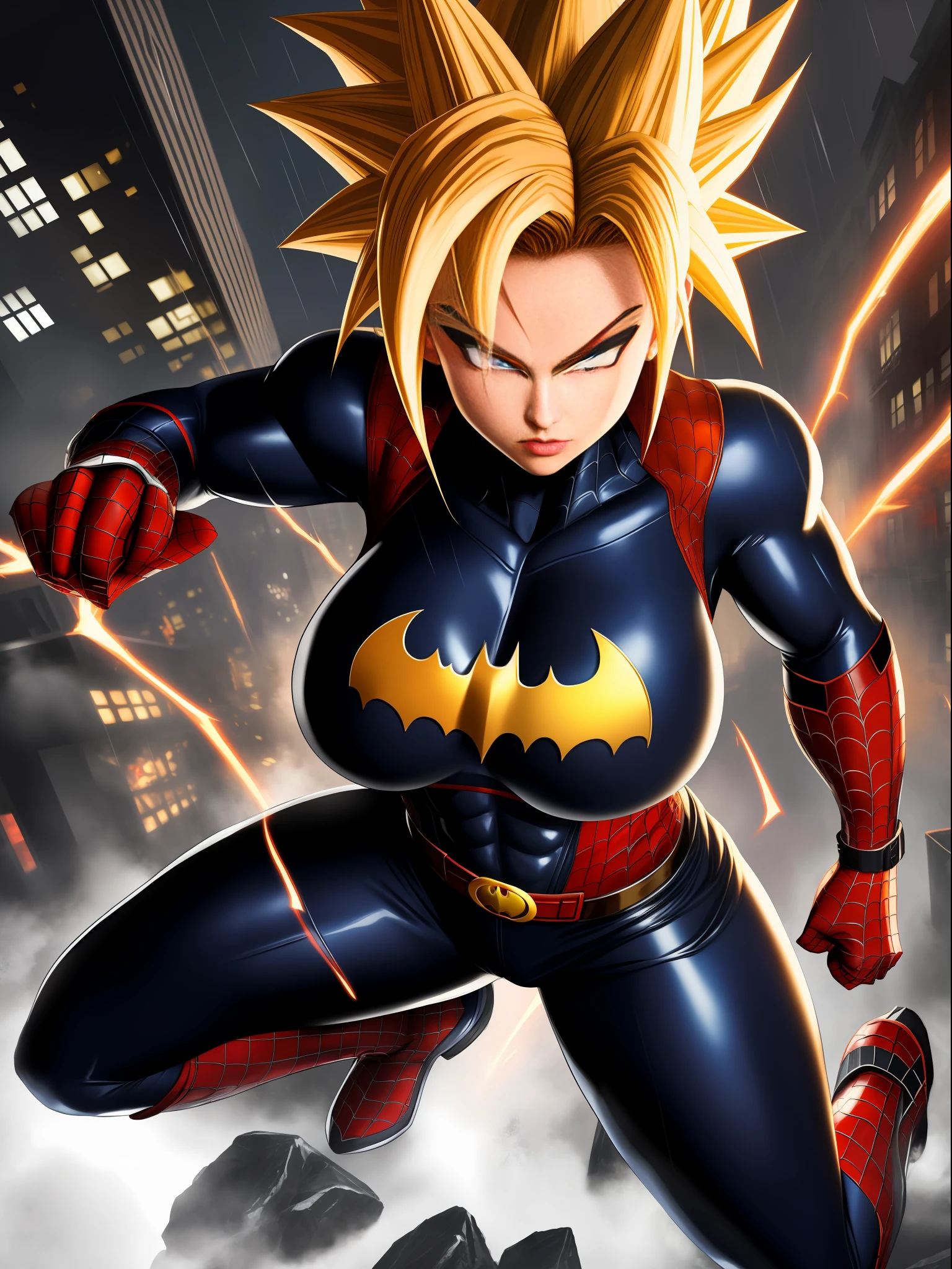 Full body image, ((1 girl in maid/Batman/Spiderman costume, huge breasts, strong musculature)), front, looking at viewer, furious, Super Saiyan 2 Red hair, red eyes, ((appearance from Super Saiyan 2)), body and clothes completely wet, background of city destroyed with heavy rain and flooding, anime, ((Super Saiyan Ultra Instinct)), Dragon Ball, mortal kombat, masterpiece, (16k:1.6), (high details:1.6), (high quality:1.6), (maximum resolution:1.6)