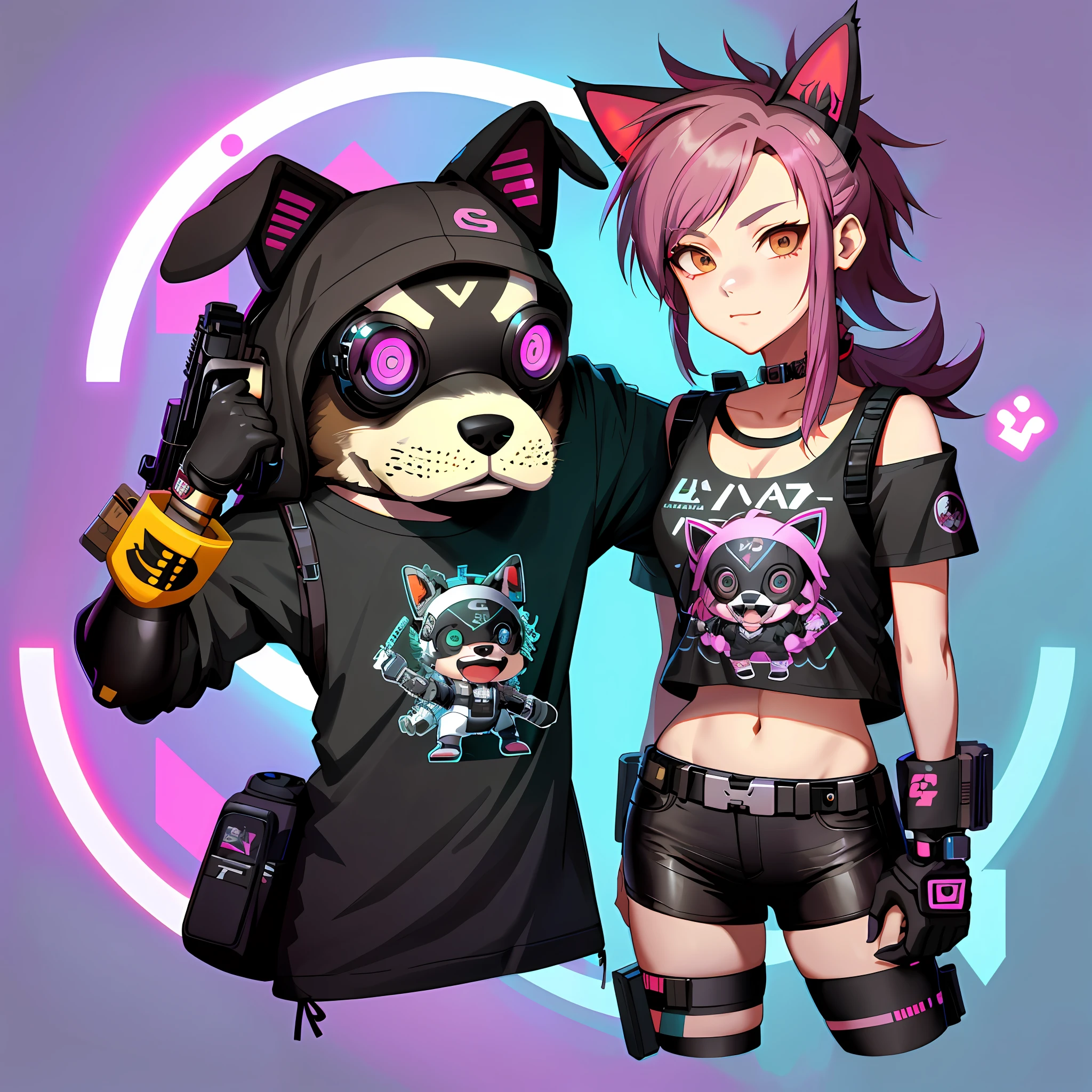 anime girl and dog with guns and t - shirts on, jazza and rossdraws, fursona wearing stylish clothes, rossdraws and jazza, digital cyberpunk anime art, in cyberpunk style, vrchat, commission for high res, fursona art, cyberpunk art style, kda and sam yang, digital cyberpunk - anime art, cyberpunk cat, video game fanart