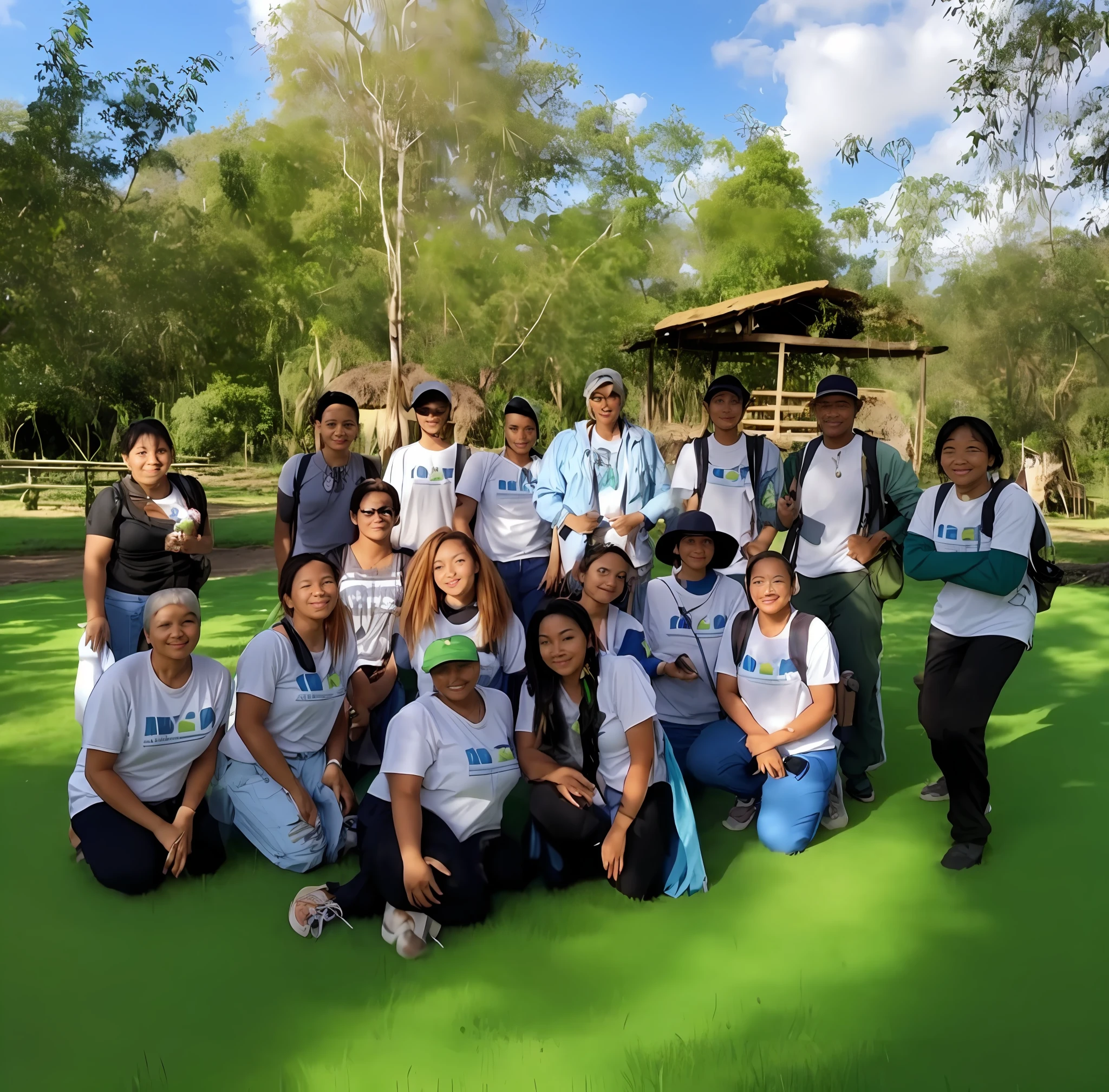 a group of people posing for a photo on a green field, group photo, beautiful surroundings, photo taken in 2 0 2 0, with many travelers, foto, beautiful environment, avatar image, outdoor, # e 4 e 6 2 0, having a great time, high-quality photo, description, center of picture, in a jungle environment, sandra, 8k))