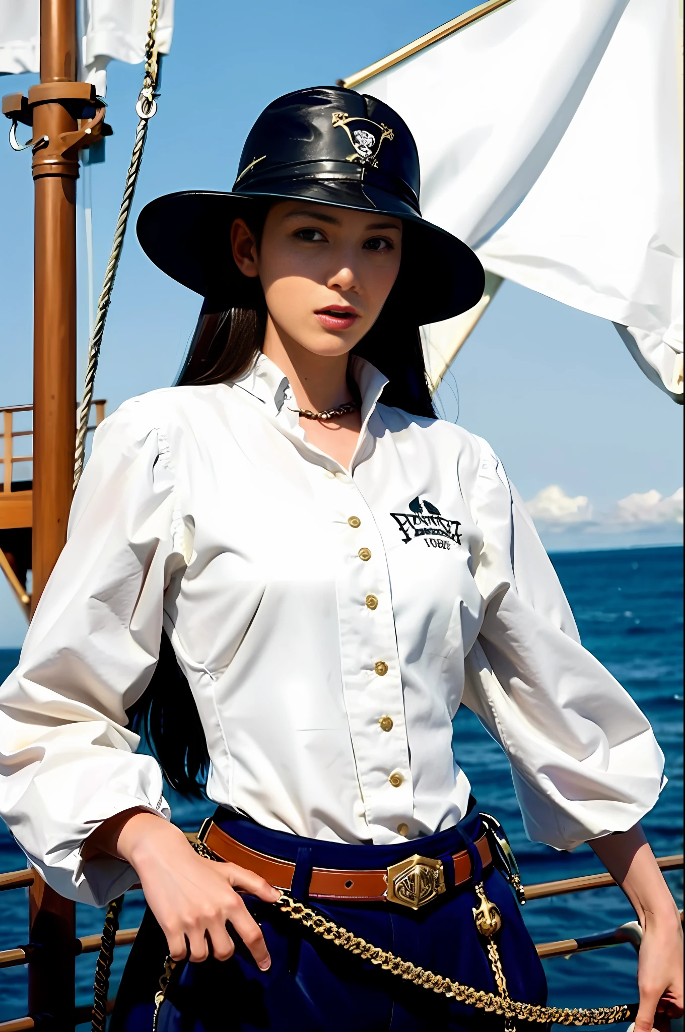 female cat furry, fantasy medieval pirate, saber in a hand, bandana, pirate hat, cocked hat, on a ship, sails, ocean and sky on background, only character, correct female anatomy, beautiful woman anthro, cat head, furry art by greg rutkowski, digital art by artgerm, detailed art, masterpiece, digital painting, correct anatomy