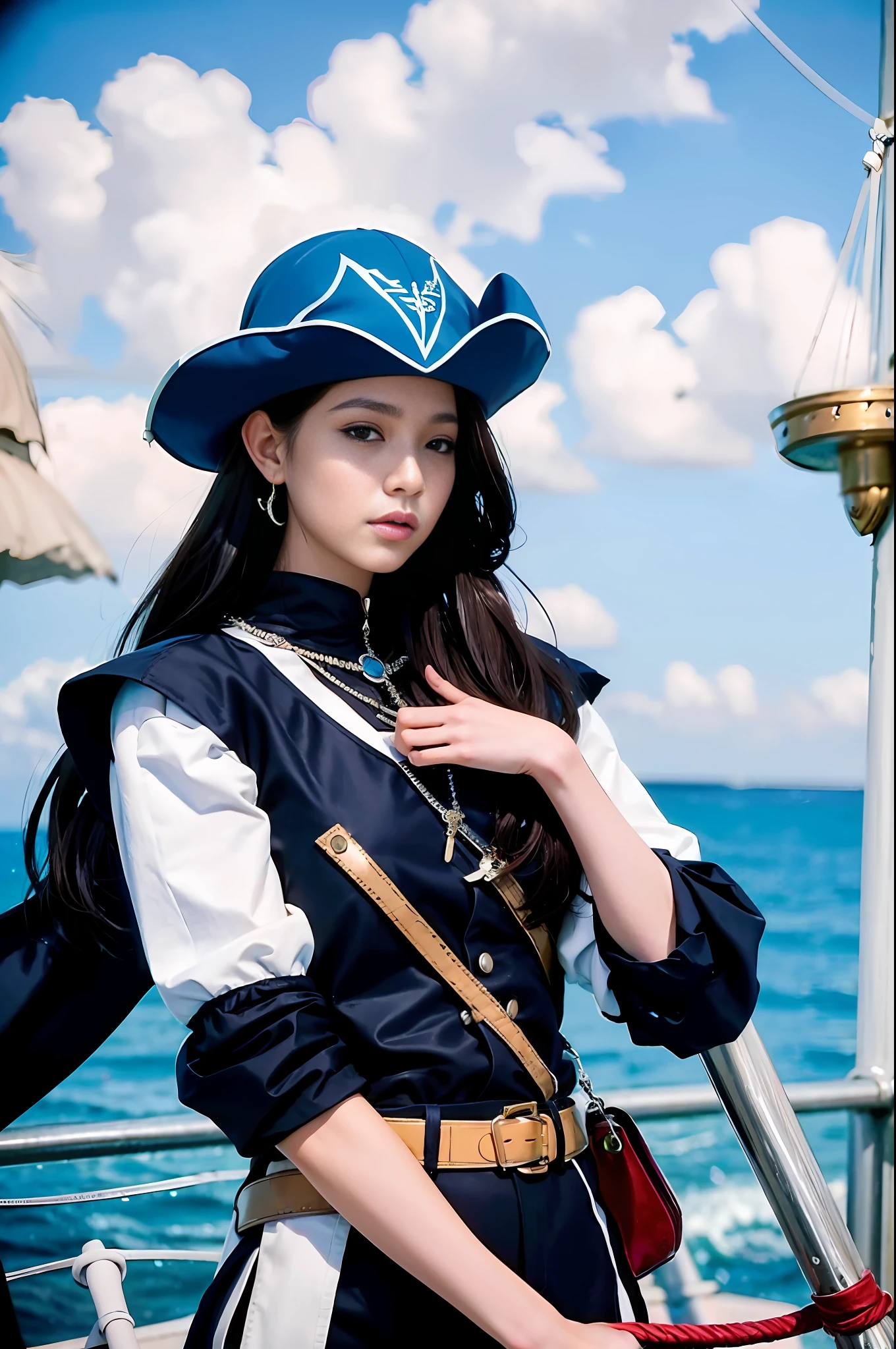female cat furry, fantasy medieval pirate, saber in a hand, bandana, pirate hat, cocked hat, on a ship, sails, ocean and sky on background, only character, correct female anatomy, beautiful woman anthro, cat head, furry art by greg rutkowski, digital art by artgerm, detailed art, masterpiece, digital painting, correct ???????