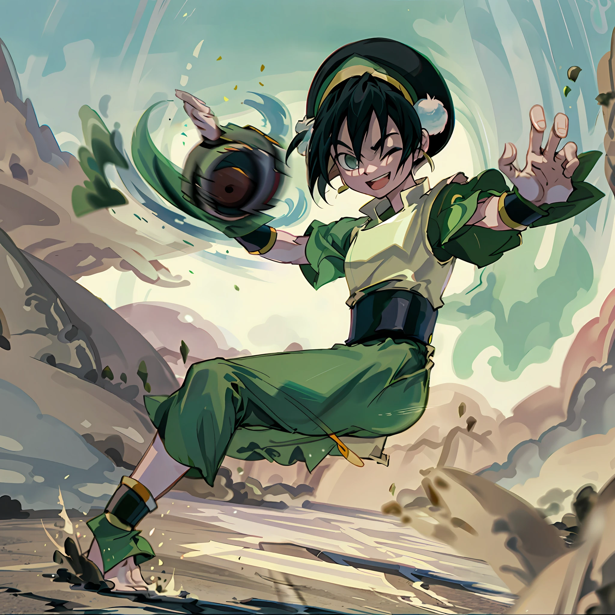 Toph, dynamic pose, cheerful, fighting, doing a kick