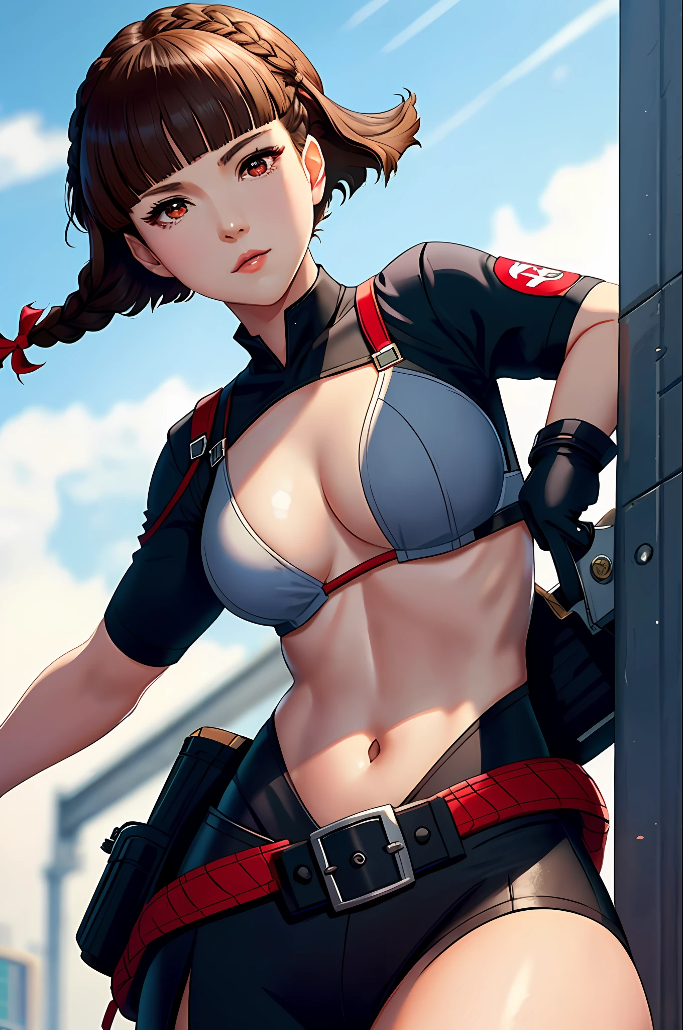 Solo, Makoto_Niijima (da persona 5, 1female, white skin, Japanese, red eyes, short brown hair, braid like a hairbow on top of hair, small boobs) wearing blue police officer outfit, doing police job at the city. (finely detailed), anime, best shadows, depth of field, (masterpiece), (best quality), 4K, high detail, anatomically correct