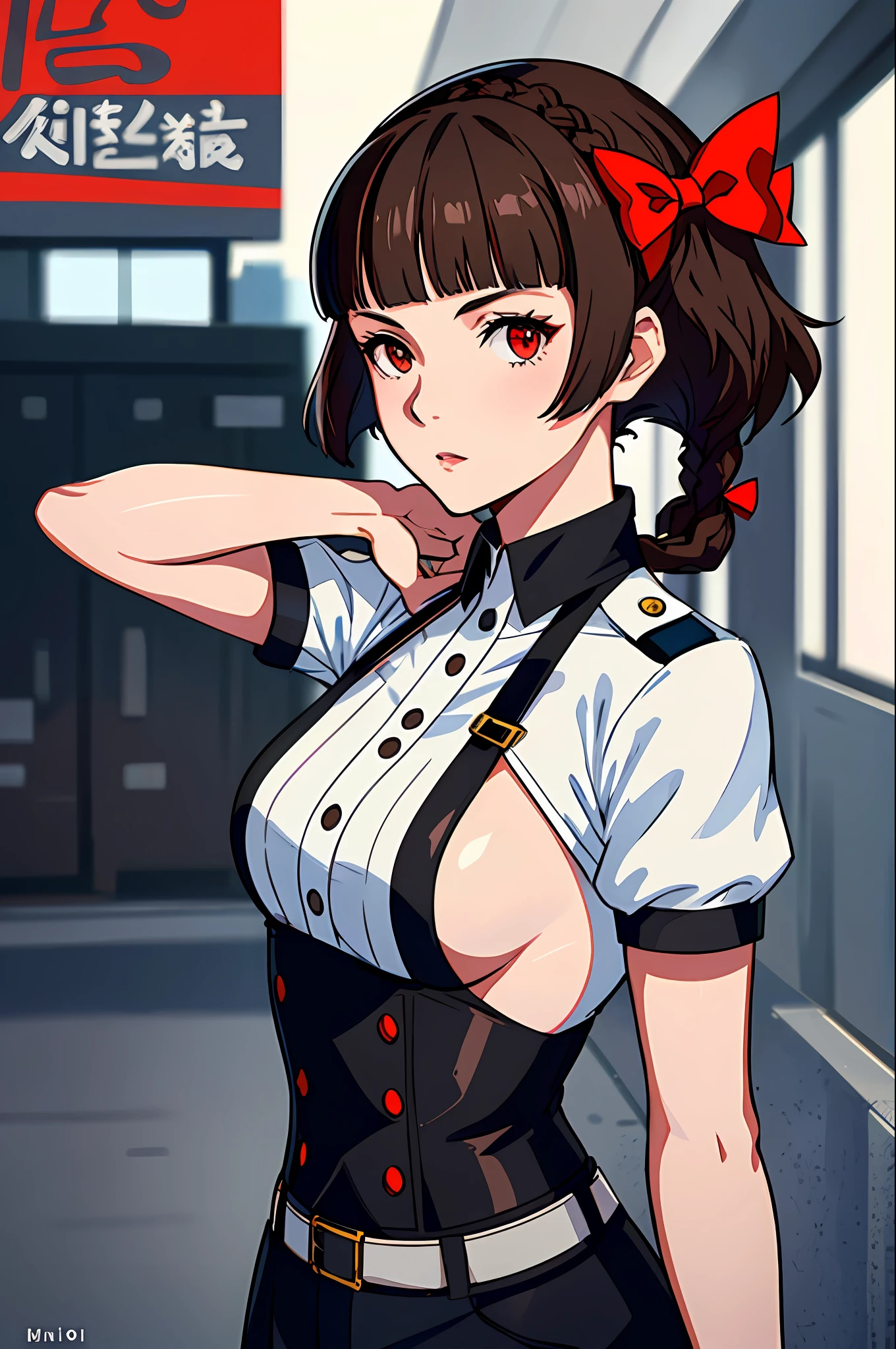 Solo, Makoto_Niijima (da persona 5, 1female, white skin, Japanese, red eyes, short brown hair, braid like a hairbow on top of hair, small boobs) wearing blue police officer outfit, doing police job at the city. (finely detailed), anime, best shadows, depth of field, (masterpiece), (best quality), 4K, high detail, anatomically correct