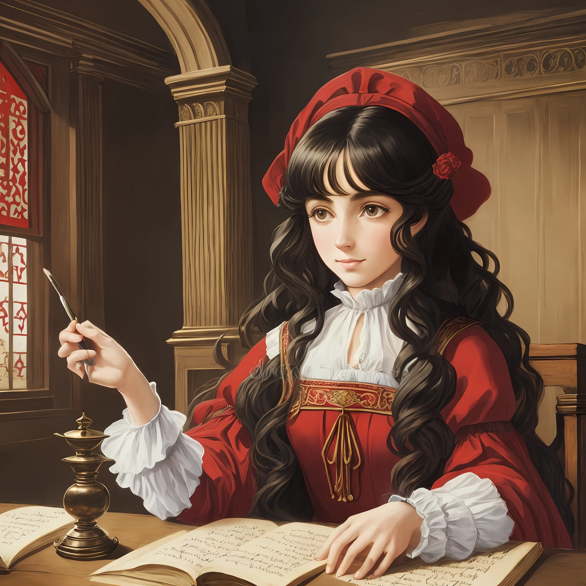 Lilly Colins long black curly hair, wearing red dress of a medieval commoner, writing at a table with parchment, quills and inkwell in a palace room setting. The illustration is detailed, smooth and bright.