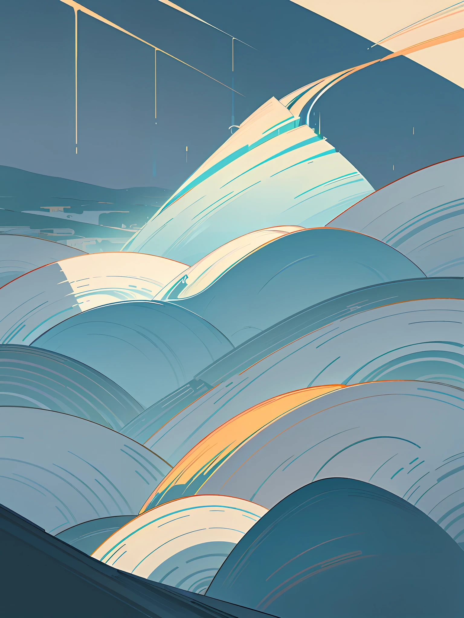 (Chinese landscape), abstract painting, (Zen, Amy Sol style), (spring, rainy days, terraces, mountains), cover art with light abstraction, simple vector art, contemporary Chinese art, color gradients, soft color palettes, layered forms, whimsical animation, style Ethereal abstract, 4K, --v6