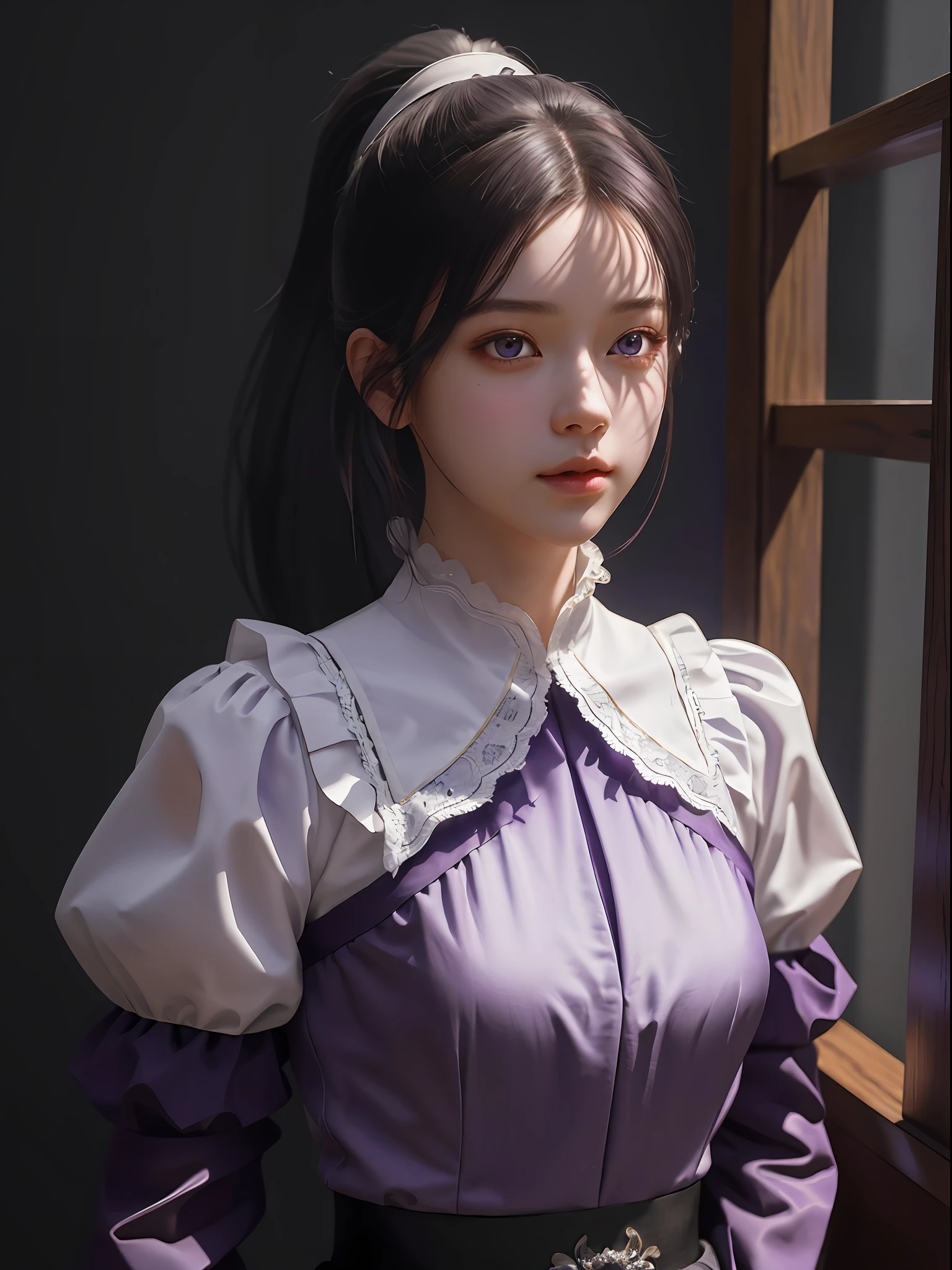 ((masterpiece)), (best quality), (ultra-detailed), (illustration), (detailed light), (an extremely delicate and beautiful)), dramatic_shadow, ray_tracing, (upper body), a girl, White ponytail, purple eyes, simple background, dynamic angle