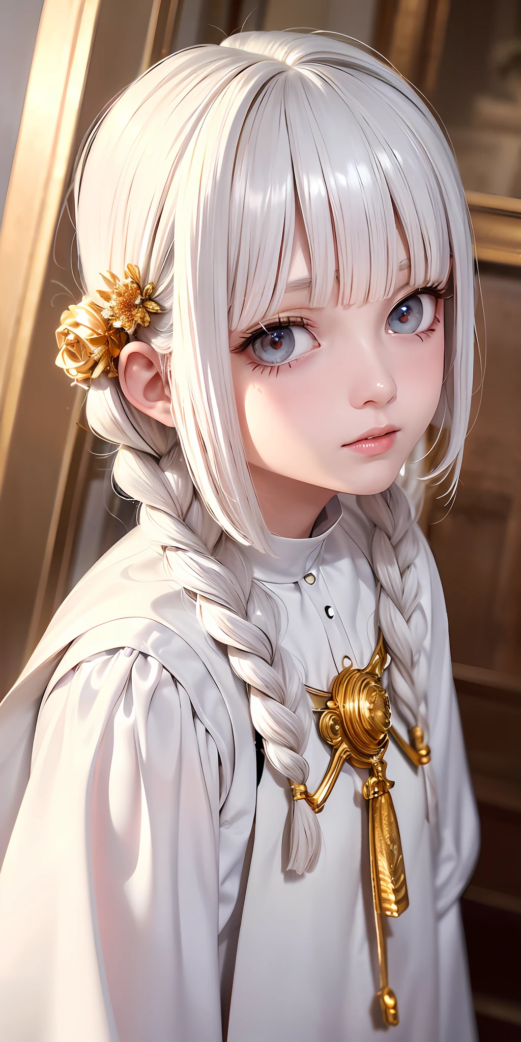 best quality, masterpiece,white hair, gold eyes,white clothes, looking up, upper body,hair strand,Fair skin,side braids