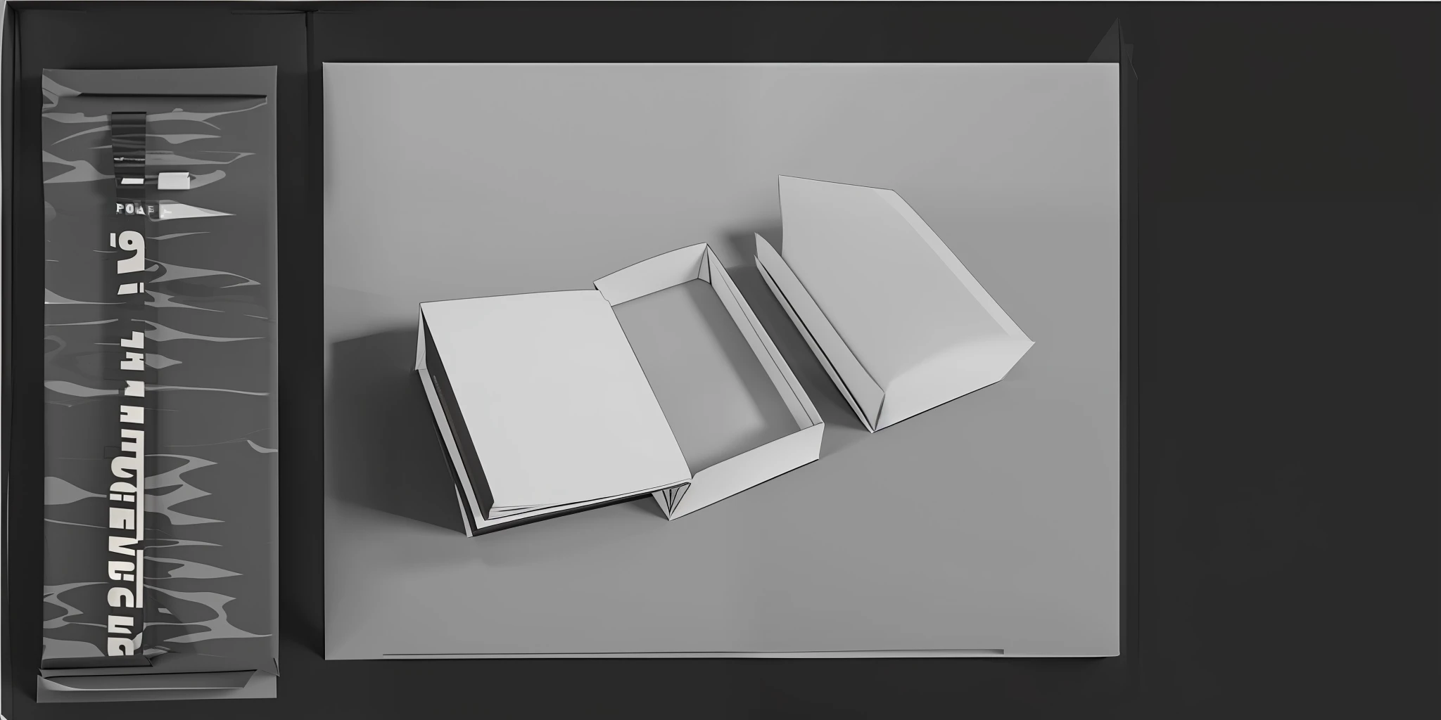 a black and white photo of a folded paper with a light gray background, white box, high quality paper, sheet paper, packaging, paper sketch, book cover!!!!!!!!!!!!, pizza box, package cover, cereal box, high quality topical render, white paper, monochrome 3 d model, black and white color only, packaging design, 3d product, white monochrome color!!!!!