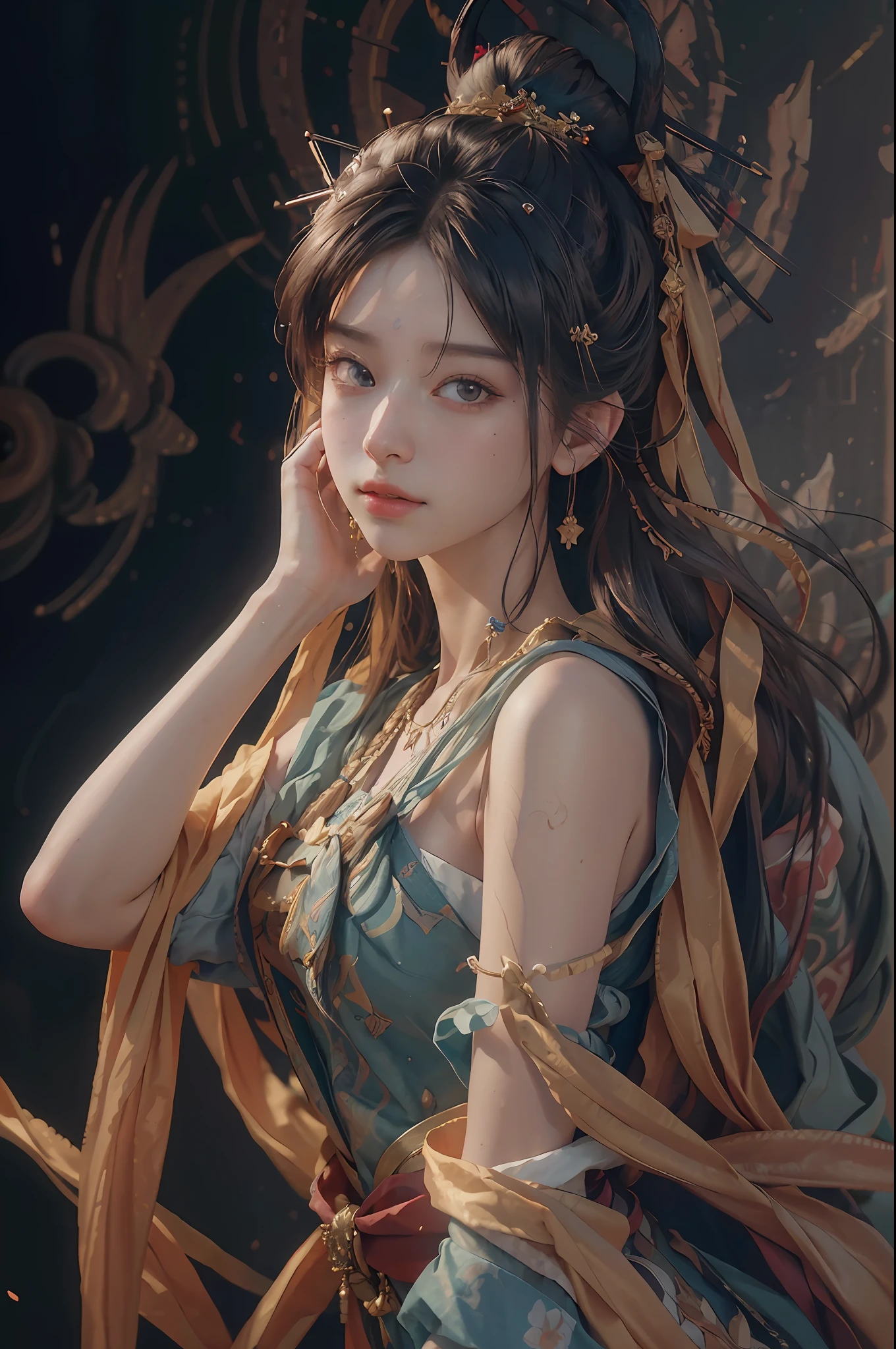 (RAW photo, best quality), (realistic, photo-realistic:1.3),best quality,highly detailed,masterpiece,ultra-detailed,illustration,1girl,upper_body,dynamic angle,world masterpiece theater,messy_long_hair,best quality,extremely detailed CG unity 8k wallpaper,ink,Amazing,cinematic lighting,lens_flare, dunhuang_style