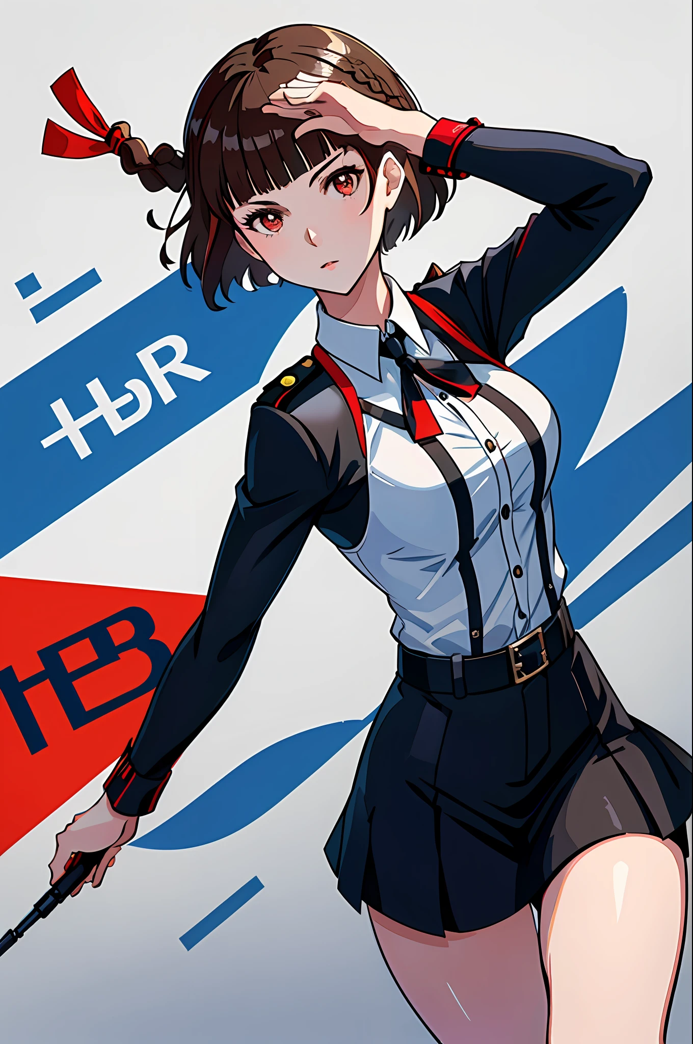 Solo, Makoto_Niijima (da persona 5, 1female, white skin, Japanese, red eyes, short brown hair, braid like a hairbow on top of hair, small boobs) wearing blue police officer outfit, doing police job at the city. (finely detailed), anime, best shadows, depth of field, (masterpiece), (best quality), 4K, high detail, anatomically correct