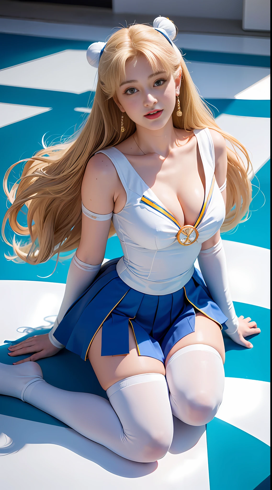 (Best Quality, Ultra High Resolution, Masterpiece, RAW Photo, Realism: 1.6), 16K, ((Sailor Moon Sailor Moon Costume: 3)) from Sailor Moon, (1girl with open navel), (huge: 2, thick thighs: 3), (blue miniskirt: 2, long white-blonde hair: 1.8, white stockings, mature smile), kneeling, white background