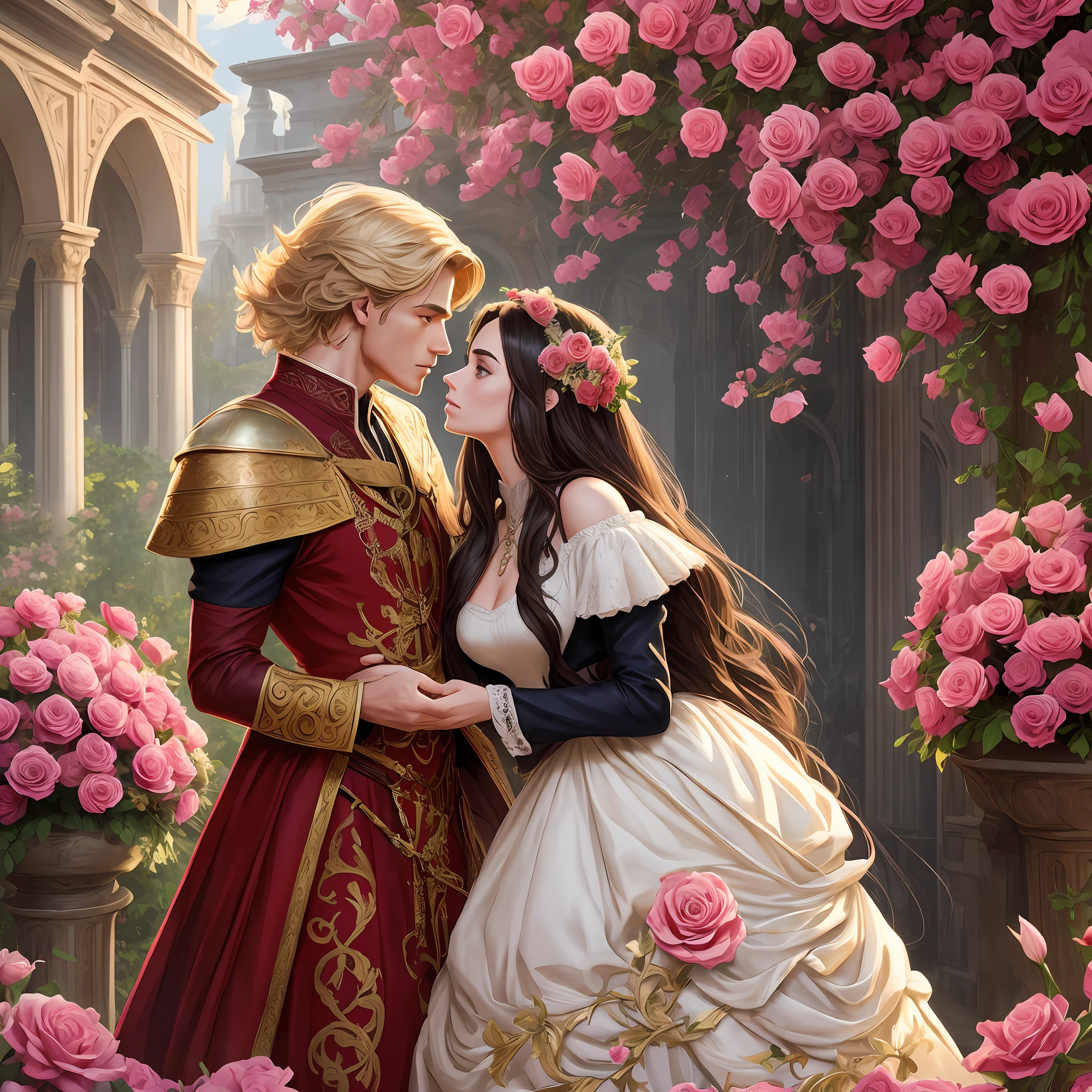 Couple Neels Visser is a prince who has golden blond hair, wears a medieval military outfit and is in love with the commoner Lily Collins, who has curly brunette black hair and wears a red dress, they kiss very affectionately, illustration of a romance book cover with a detailed, smooth, bright background filled with flowers covered in ivy and red roses, ornate gown standing in a bed of roses, rim light, dynamic lighting, etherial lighting, ultra detail, concept art, elegant, surreal, art by Lisa Aisato, Greg Hildebrandt, Citemer Liu, Stjepan Sejic, Samyang, Aykut Aydogdu, Justin Gerard, Alphonse Mucha, Artgerm, WLOP, and Greg Rutkowski
