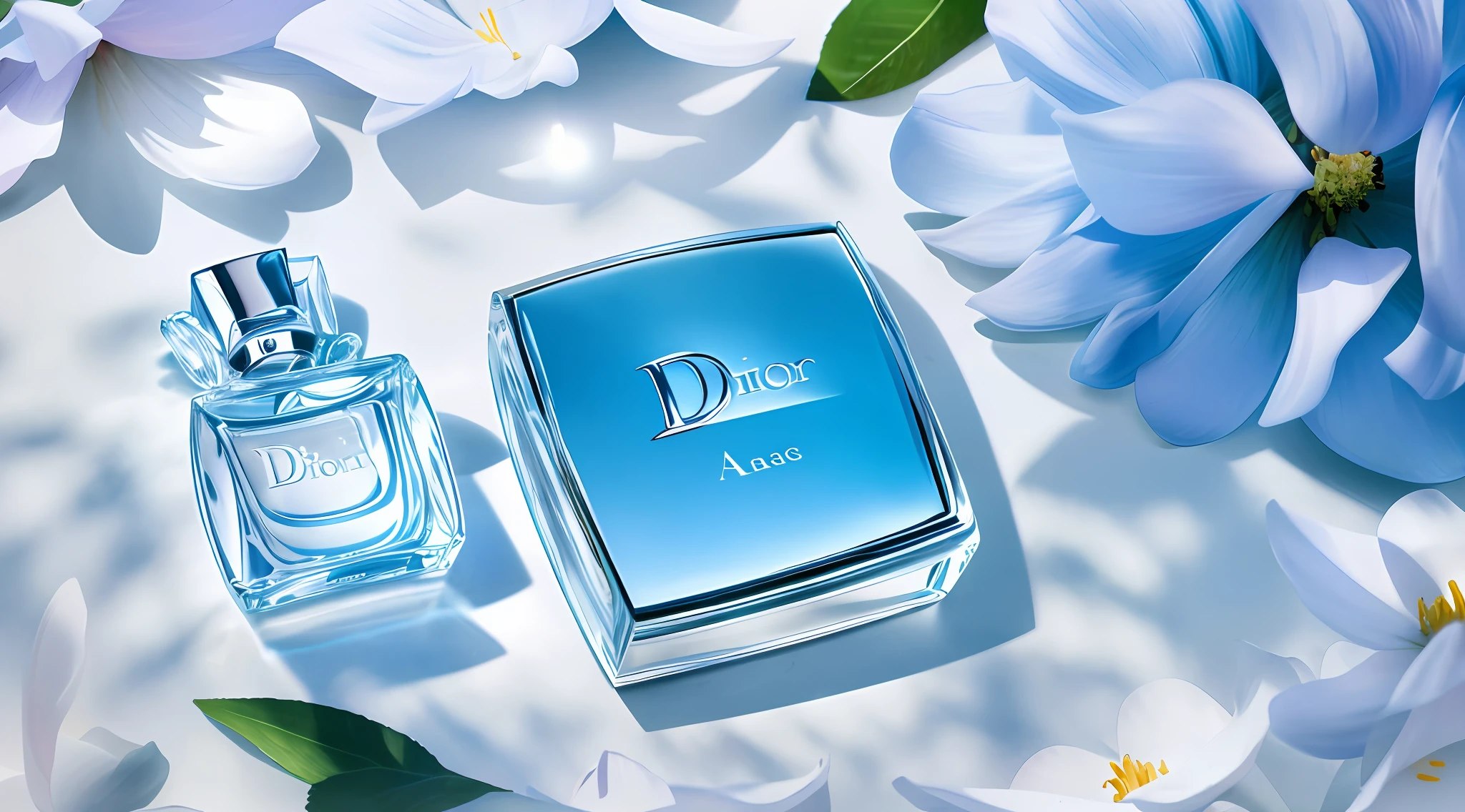Dior perfume on mirror reflects pale yellow sky, surrounded by pink petals falling flowers, sunlight reflection, high angle shooting 5, high detail, high quality, photography, 8k octane rendering
