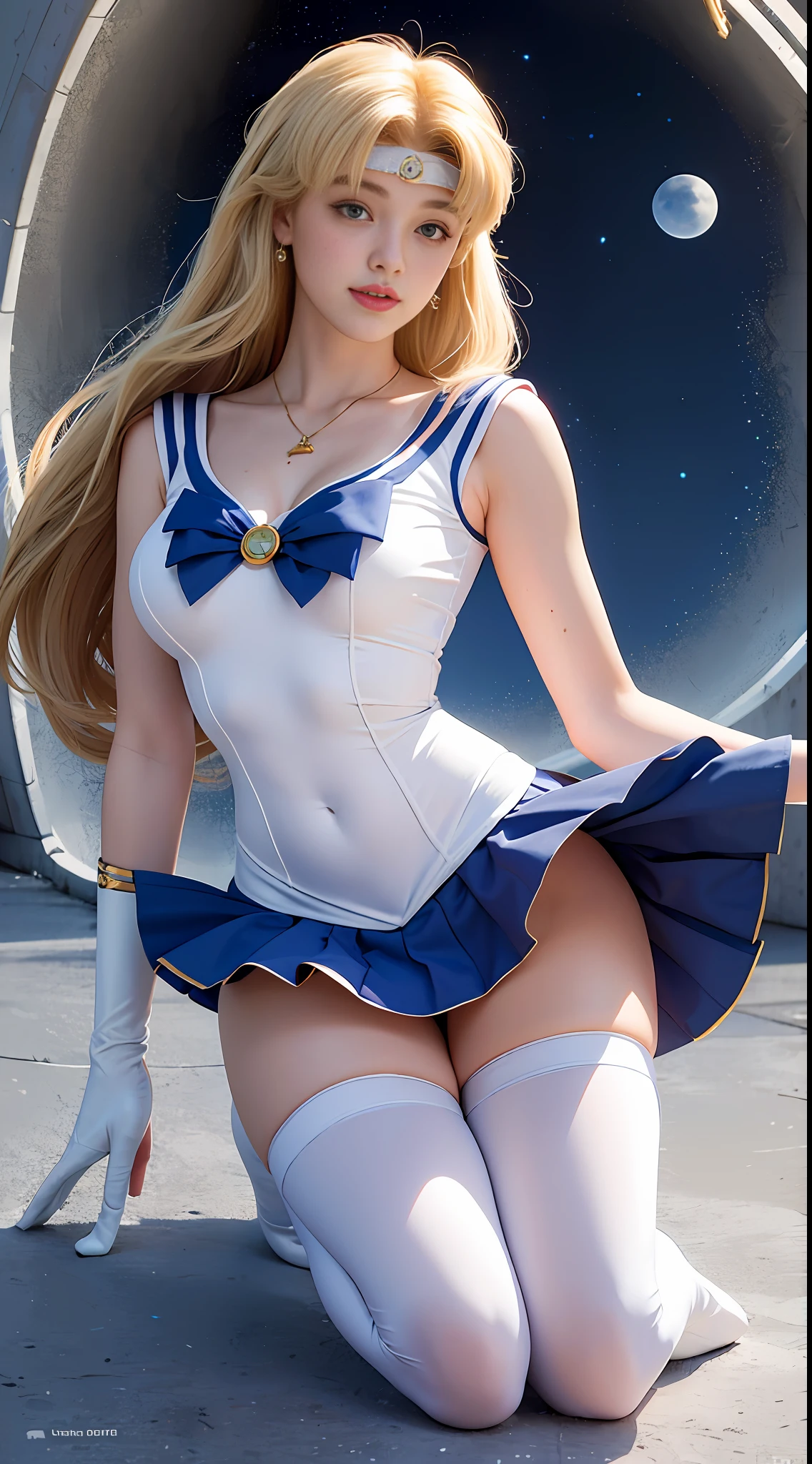 (Best Quality, Ultra High Resolution, Masterpiece, RAW Photo, Realism: 1.6), 16K, ((Sailor Moon Sailor Moon Costume: 3)) from Sailor Moon, (1girl with open navel), (huge: 2, thick thighs: 3), (blue miniskirt: 2, long white-blonde hair: 1.8, white stockings, mature smile), kneeling, white background