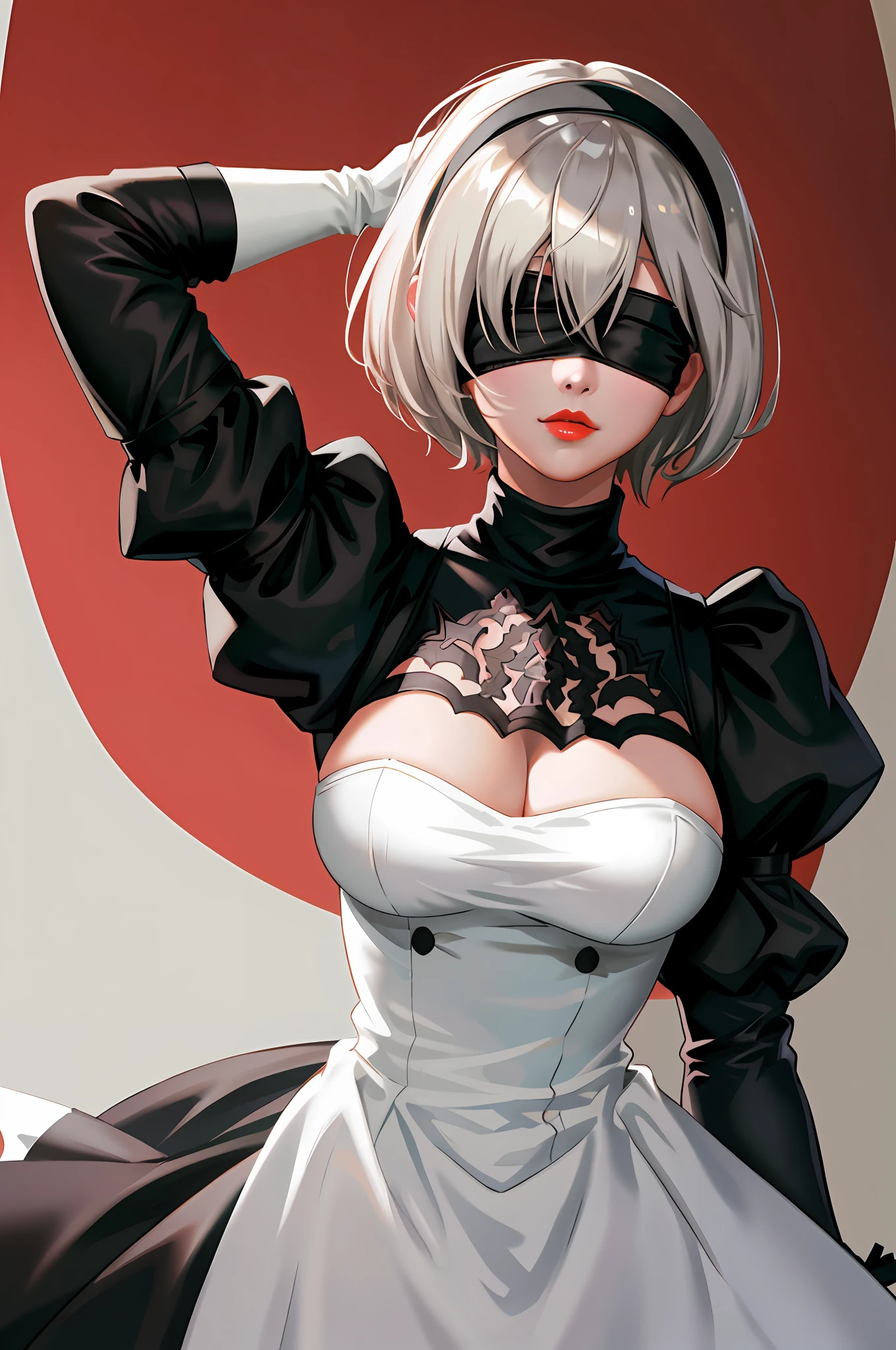 Yorha2b, masterpiece, (photorealistic: 1.4), top quality, beautiful lighting, 1 girl, mother, (blindfolded)), breasts, cleavage, hair band, hi-res, juliet sleeves, long sleeves, nier automata, red lips (puffy sleeves), shading face, short hair, solo, turtleneck, upper body, gray hair, Sky RAW Photography, 8K UHD, Film Grain