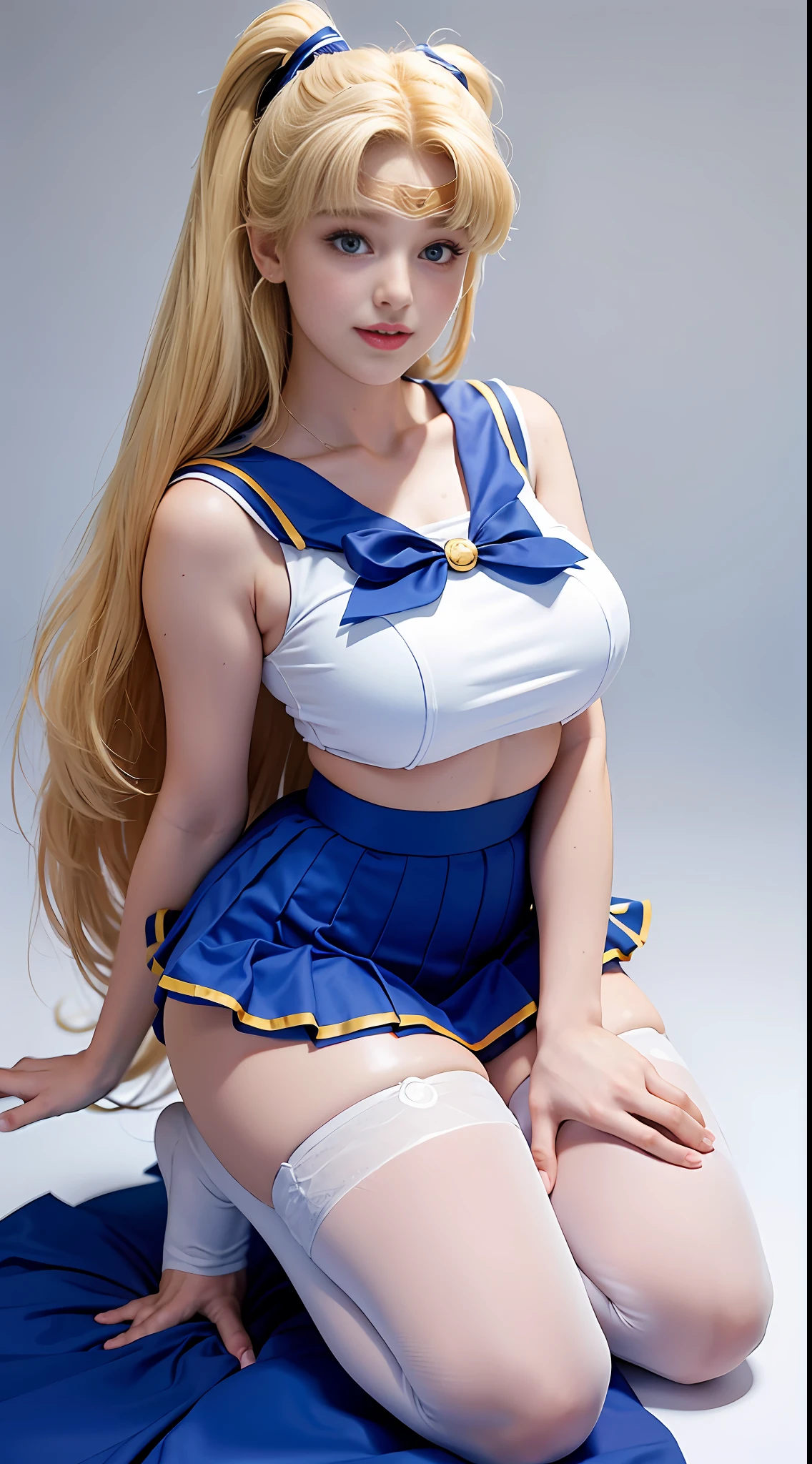 (Best Quality, Ultra High Resolution, Masterpiece, RAW Photo, Realism: 1.6), 16K, ((Sailor Moon Sailor Moon Costume: 3)) from Sailor Moon, (1girl with open navel), (huge: 2, thick thighs: 3), (blue miniskirt: 2, long white-blonde hair: 1.8, white stockings, mature smile), kneeling, white background
