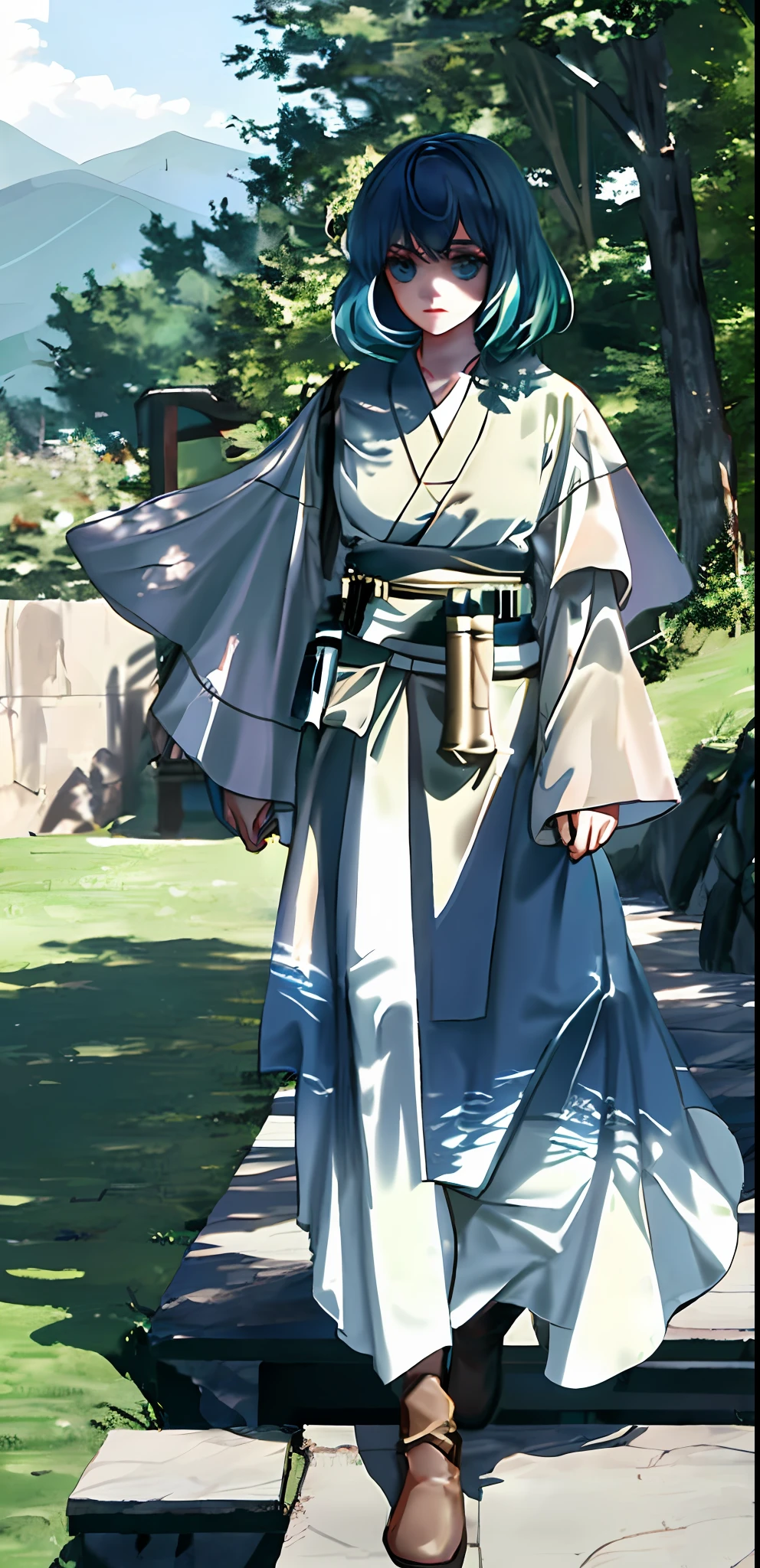 1girl, solo, beige robes, large sash around waist, brown sash, blue hair, gradient hair, green hair, deep blue eyes, lightsaber in hand, staring off-screen, mountain, lightsaber pointed down