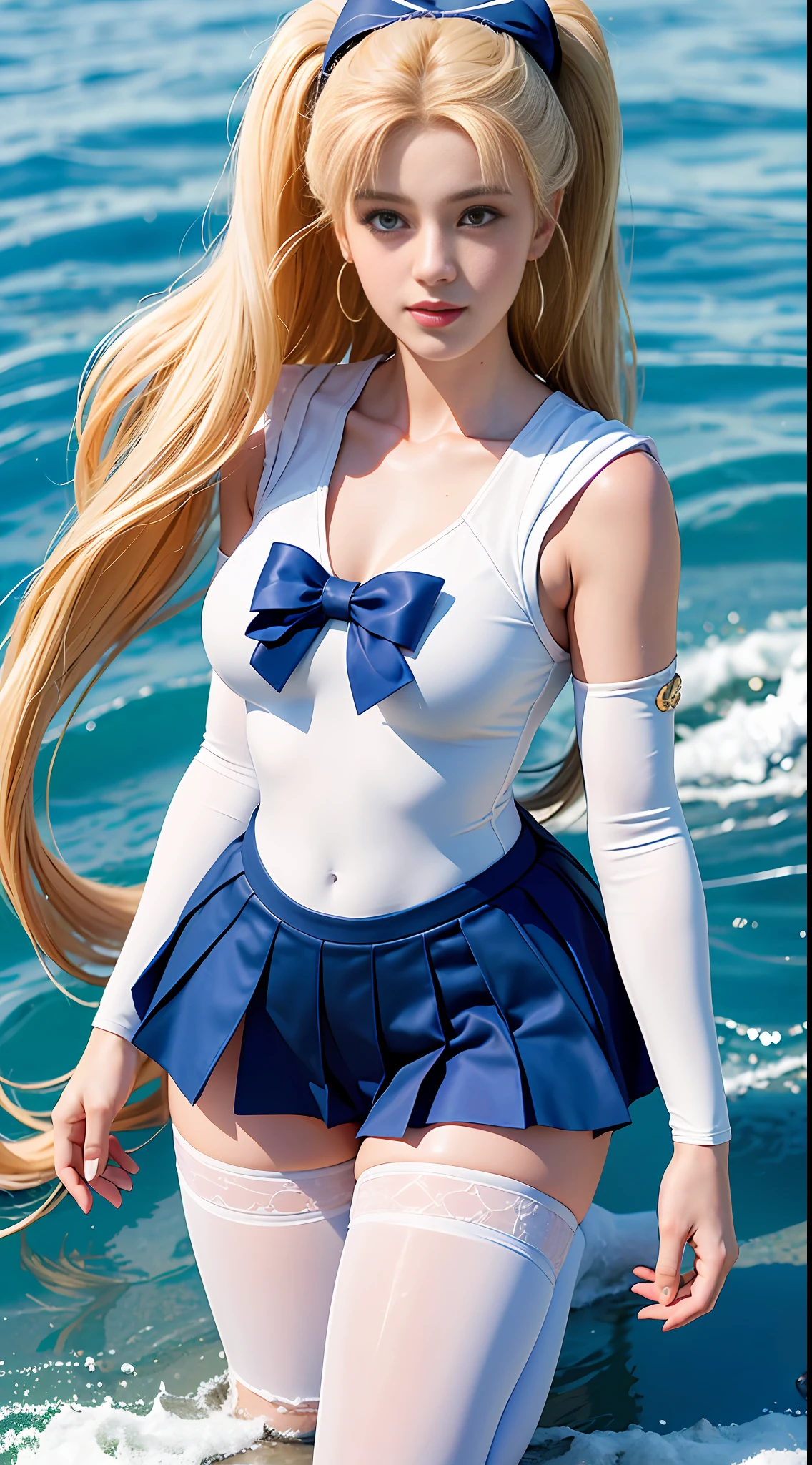 (Best Quality, Ultra High Resolution, Masterpiece, RAW Photo, Realism: 1.6), 16K, ((Sailor Moon Sailor Moon Costume: 3)) from Sailor Moon, (1girl with open navel), (huge: 2, thick thighs: 3), (blue miniskirt: 2, long white-blonde hair: 1.8, white stockings, mature smile), kneeling, white background