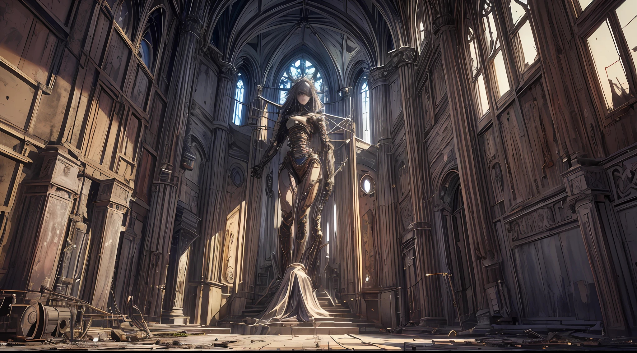 (((masterpiece))), ((best quality)), (ultra-detailed), (CG illustration), (an extremely devious and beautiful)), cinematic light, ((1 mechanical girl)), single, (machine-made joints: 1.4), ((mechanical limbs)), ( blood vessels attached to tubes), ((mechanical spine attached to back)), ((mechanical cervical vertebrae attached to neck), ((leaning)), (wires and cables attached to the head and body: 1.5), science fiction, apocalypse, (church ruins)