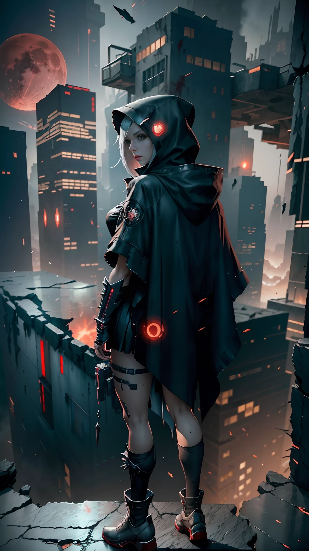 1girl,standing on a ledge overlooking a city at night, stylized urban fantasy art, hooded hooded Sith Lord, digital cyberpunk anime art, blood moon background, wearing hooded science fiction cape, digital cyberpunk - anime art, modern science fiction anime, dark cyberpunk illustration, anime cyberpunk art, hooded cyberpunk anime girl, during a blood moon,rendered in Unreal Engine, peeled ceilings, broken slabs, steel bars between cracks, realistic material details, extreme details, hyper-realistic materials, photos of internal ruins, Unreal Engine rendering concept art, broken walls, Unreal Engine art, dramatic lighting. Concept art, rendered in Unreal 5, ((Unreal Engine)), Unreal Engine Art 5