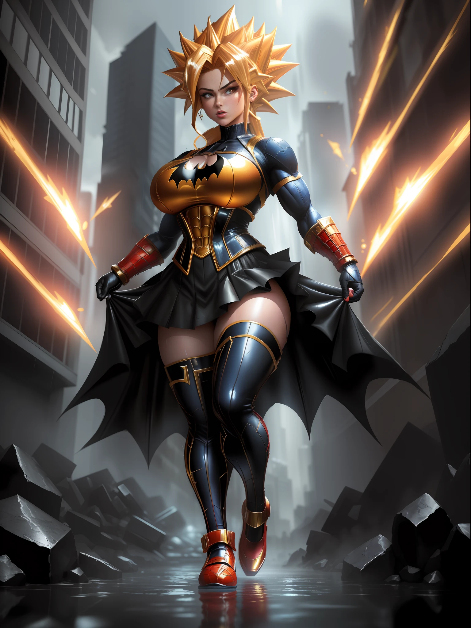 ((Full body)), ((1 girl in maid costume/Batman/Spider-Man, huge breasts, strong musculature)), front, looking at the viewer, furious, Super Saiyan 2 Red hair, red eyes, (((Super Saiyan 2 appearance)), completely wet body and clothes, destroyed city background with heavy rain and flood, anime, ((Super Saiyan Ultra Instinct)), Dragon Ball, mortal kombat, masterpiece,  (16k:1.6), (high details: 1.6), (high quality: 1.6), (maximum resolution: 1.6)