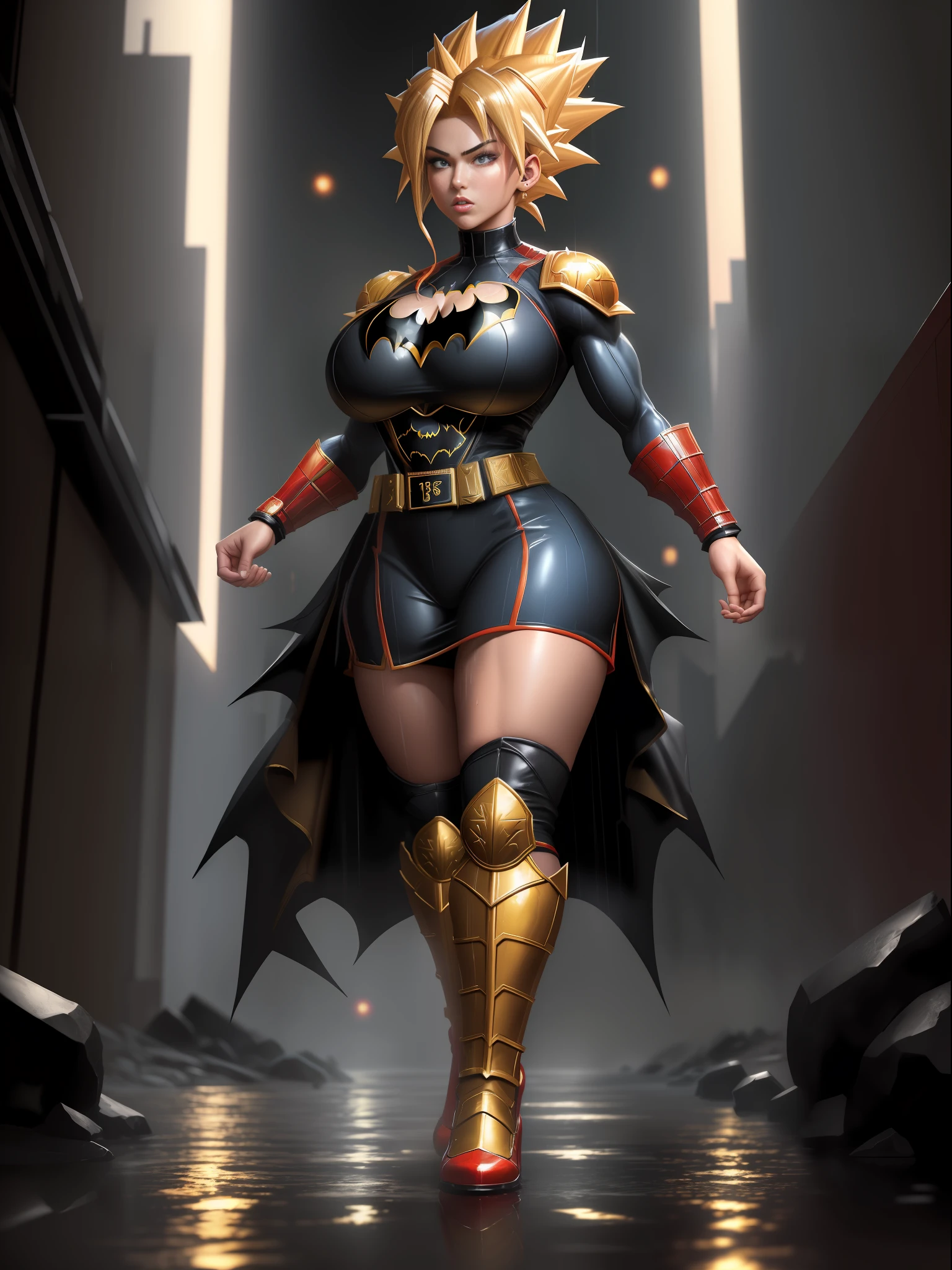 ((Full body)), ((1 girl in maid costume/Batman/Spider-Man, huge breasts, strong musculature)), front, looking at the viewer, furious, Super Saiyan 2 Red hair, red eyes, (((Super Saiyan 2 appearance)), completely wet body and clothes, destroyed city background with heavy rain and flood, anime, ((Super Saiyan Ultra Instinct)), Dragon Ball, mortal kombat, masterpiece, (16k:1.6), (high details: 1.6), (high quality: 1.6), (maximum resolution: 1.6)